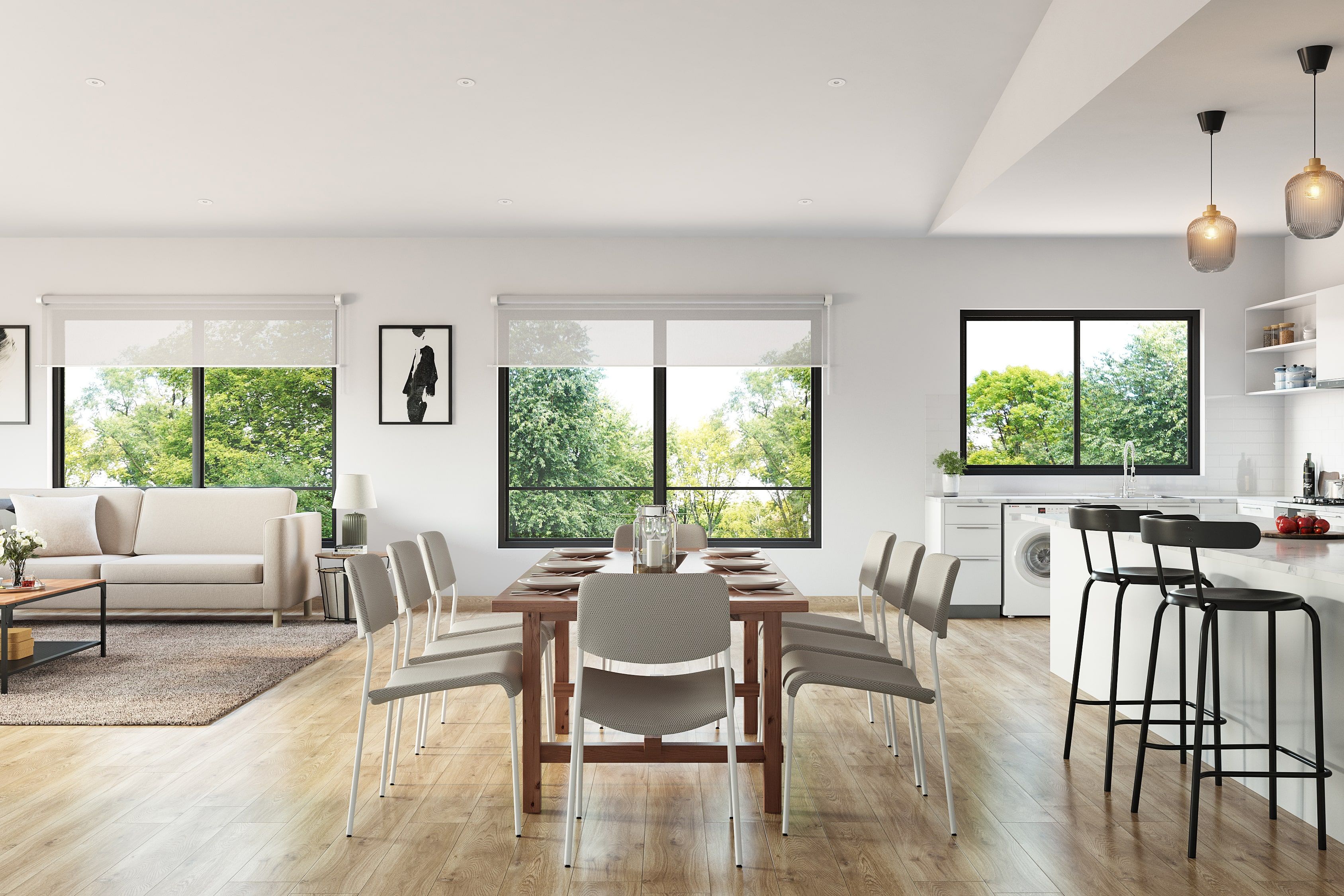Spacious Modern Style Dining Room Design With Neutral Colour Theme