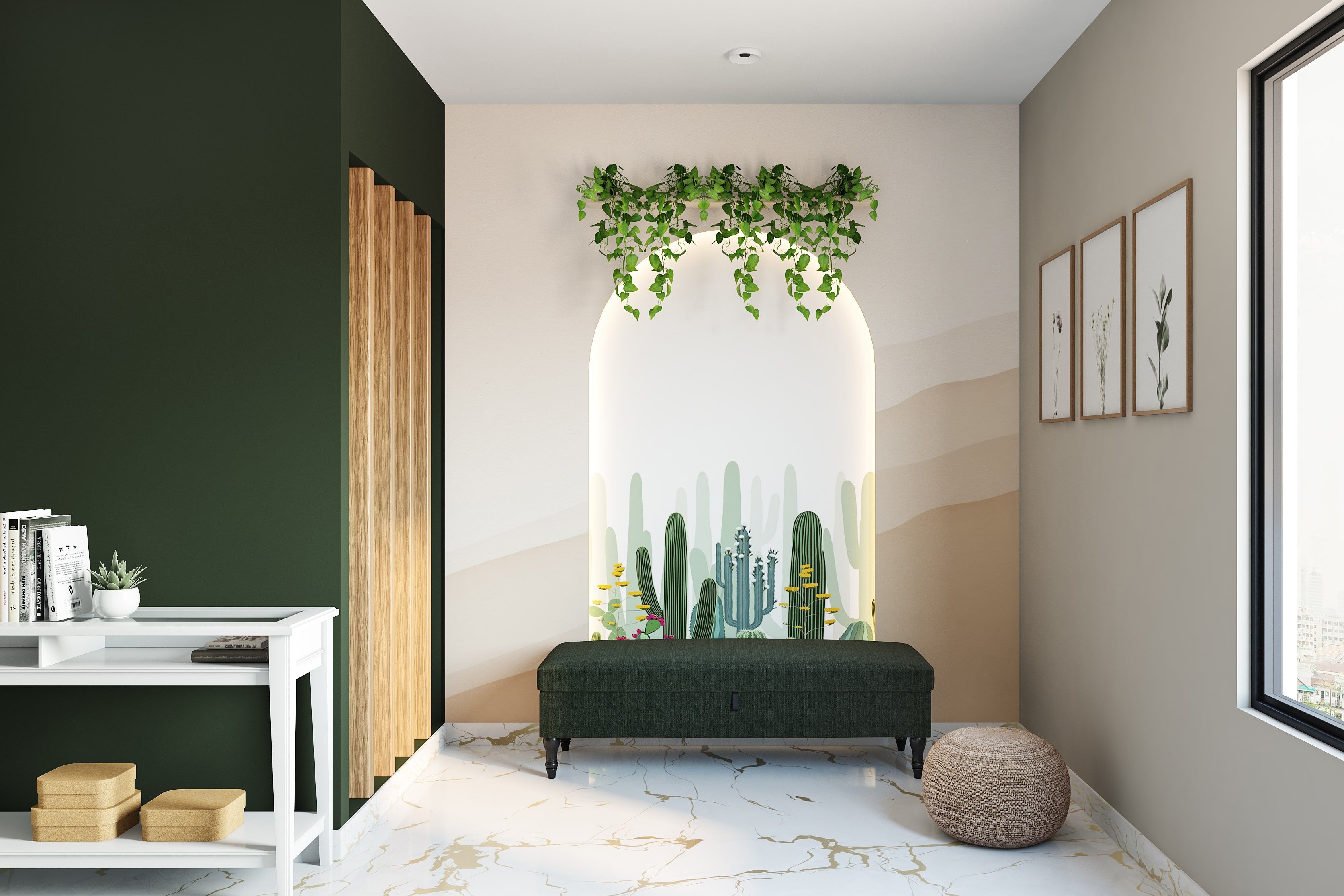 Contemporary Green Themed Spacious Foyer Design With Wallpaper