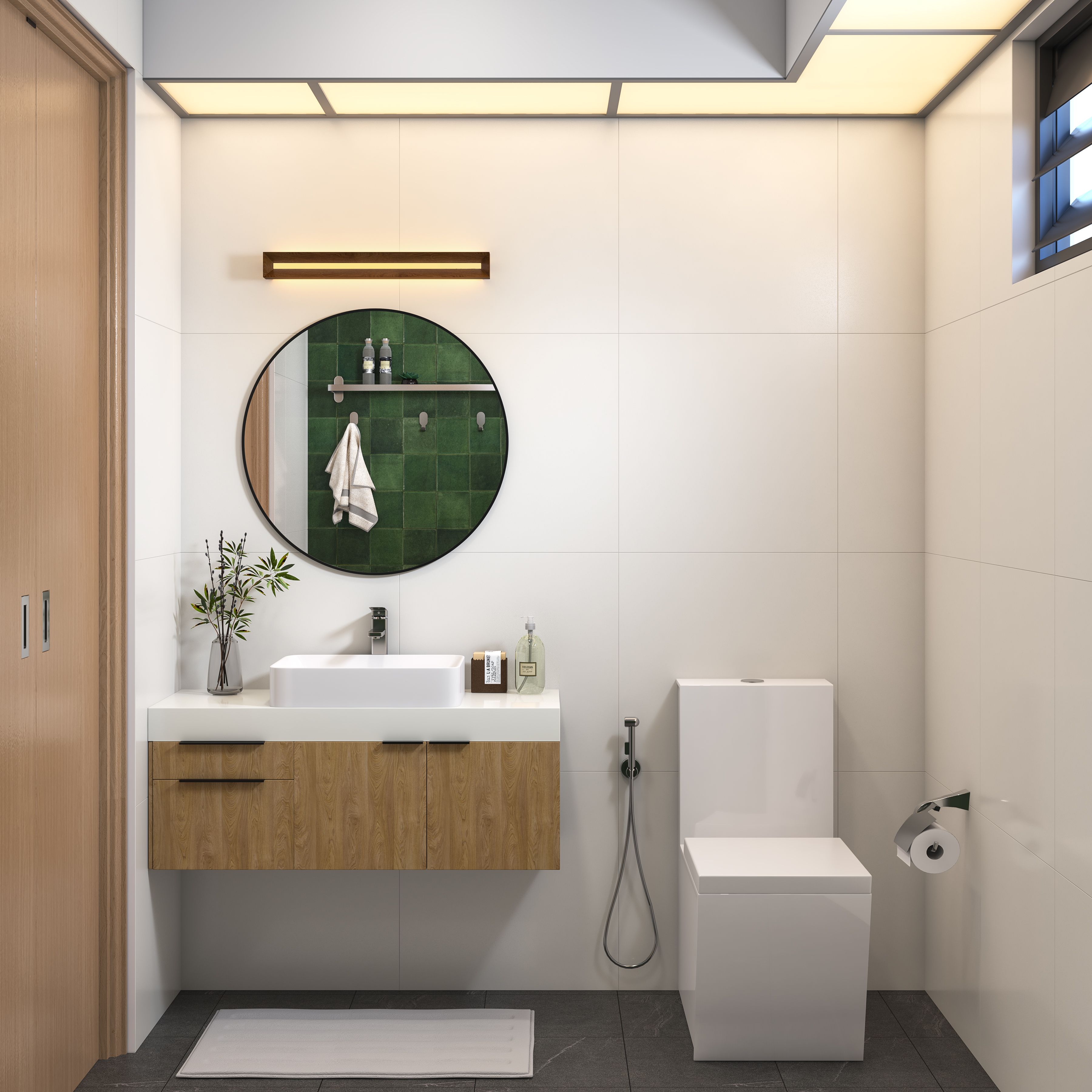 Contemporary Toilet Design With Round Vanity Mirror