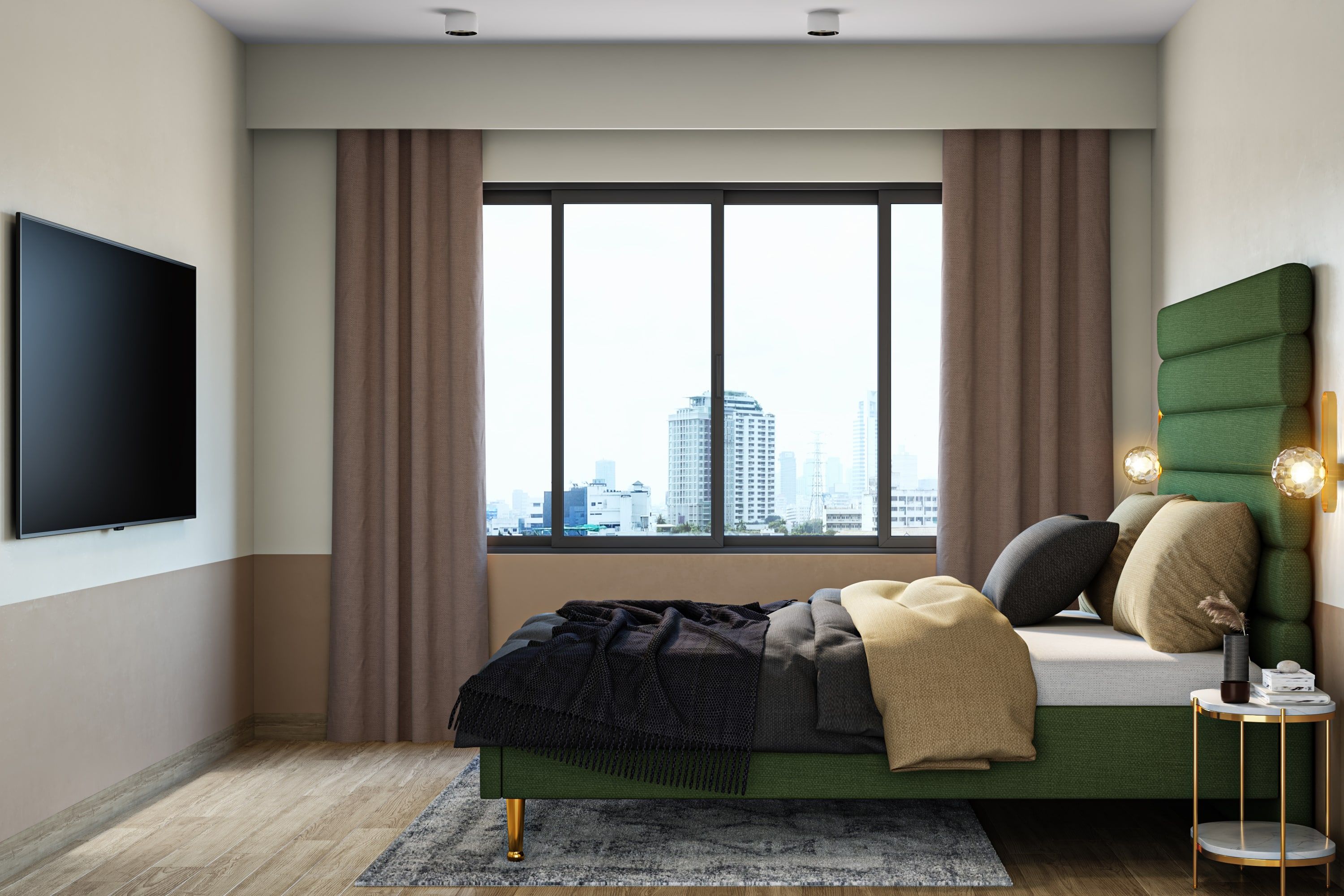 Contemporary Bedroom Design With A Green Double Size Bed