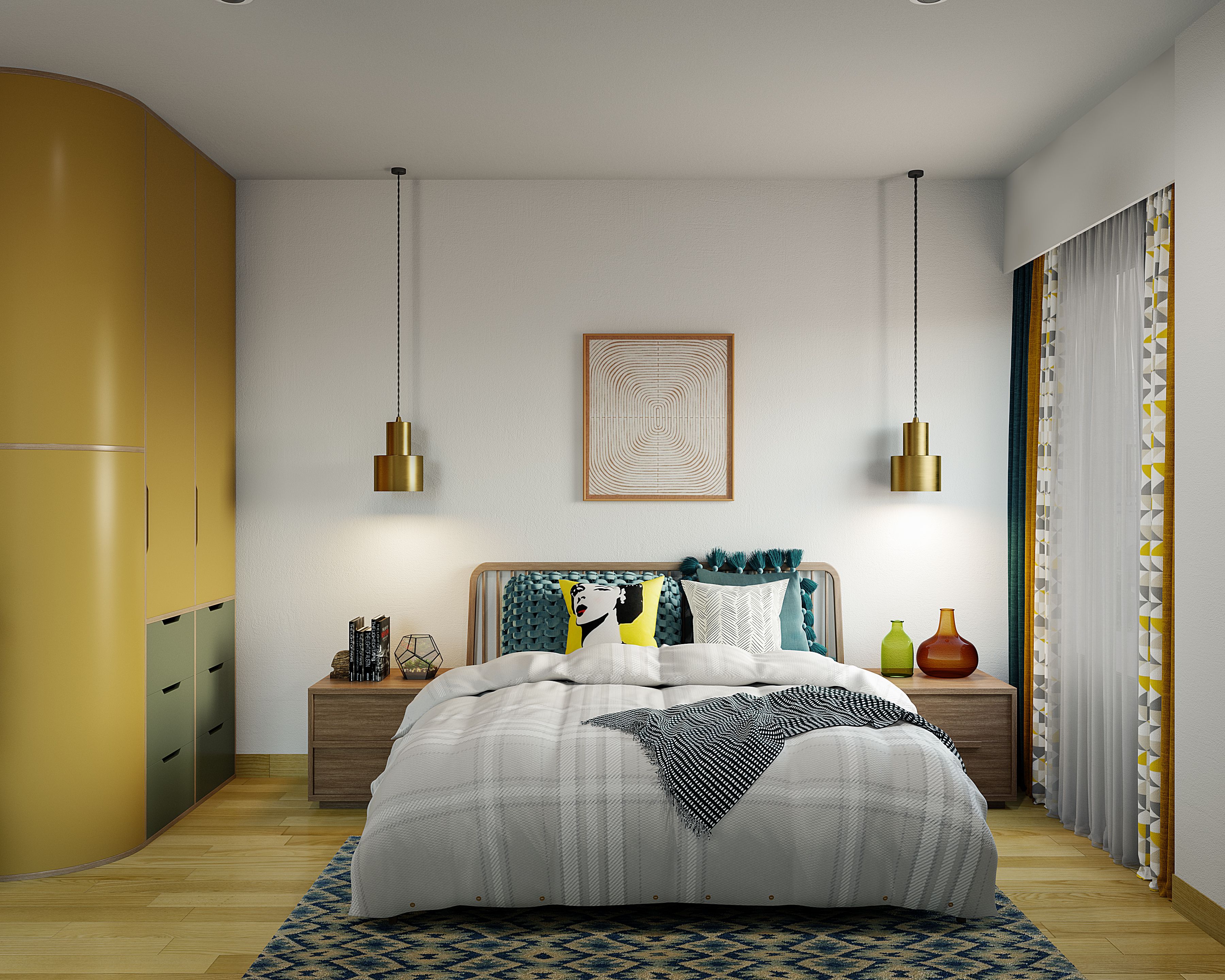 Modern Spacious Master Bedroom Design With Mustard Wardrobe