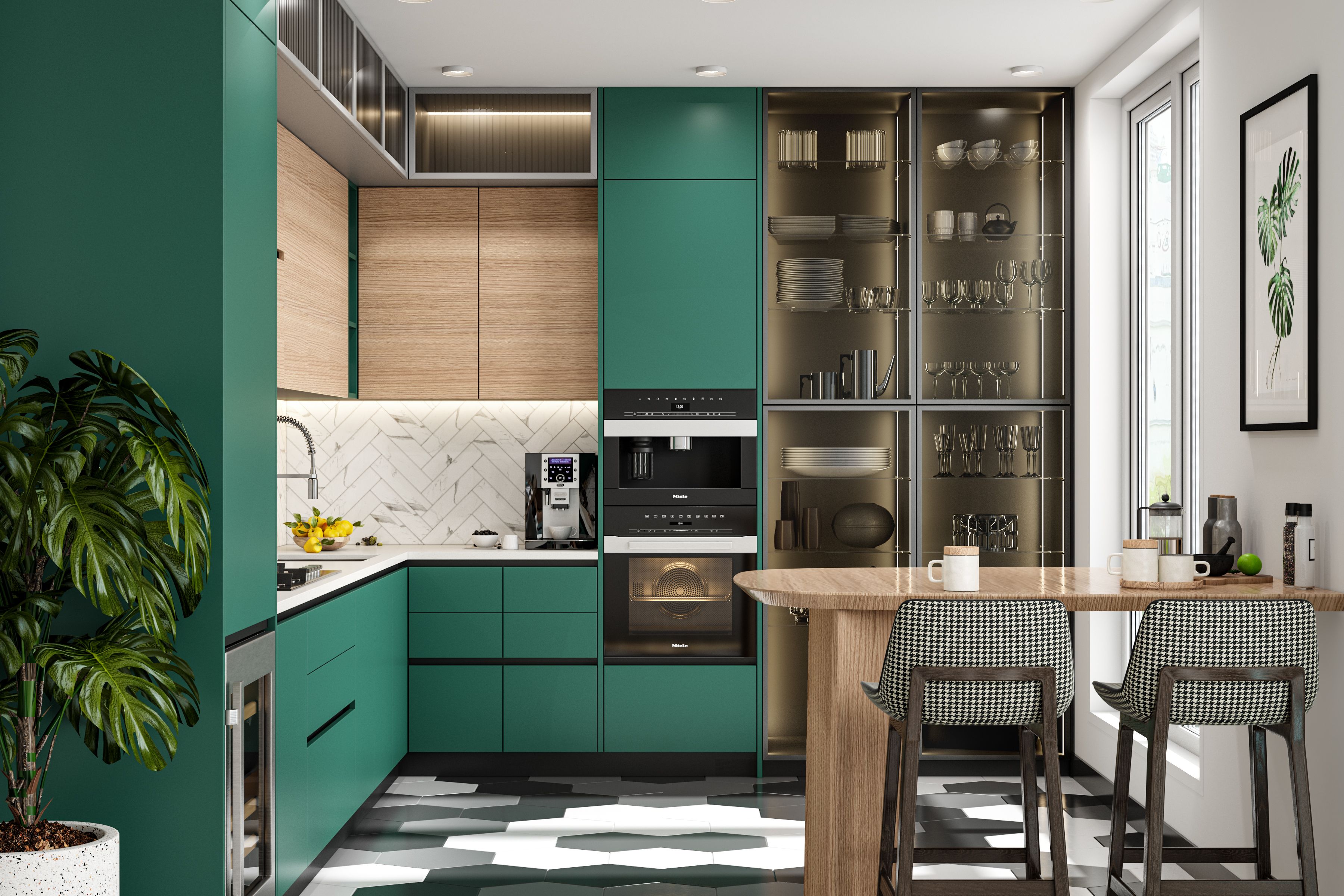 Green Modern Spacious Kitchen Design With Crockery Unit