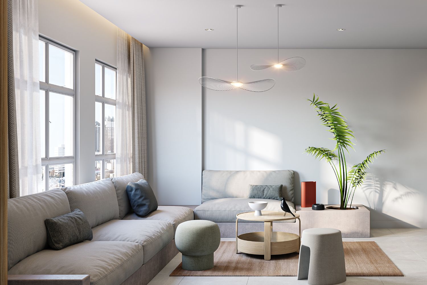 Minimalistic Living Room Design With Grey L-Shaped Sofa