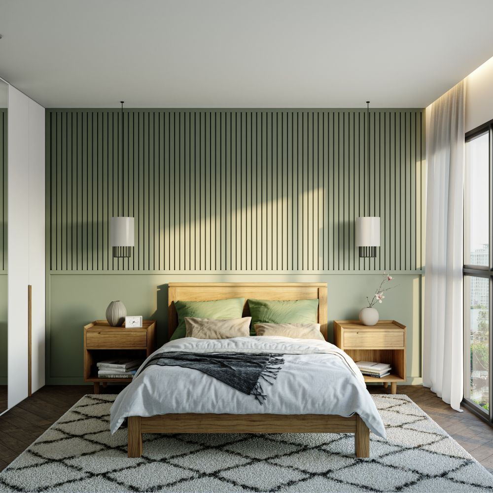 Contemporary Design With A Wooden Double Bed And Side Tables