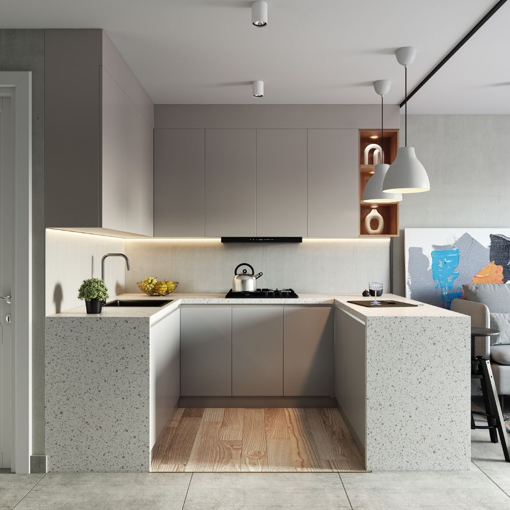 Minimalist U-Shaped Kitchen Design With White Mosaic Countertop