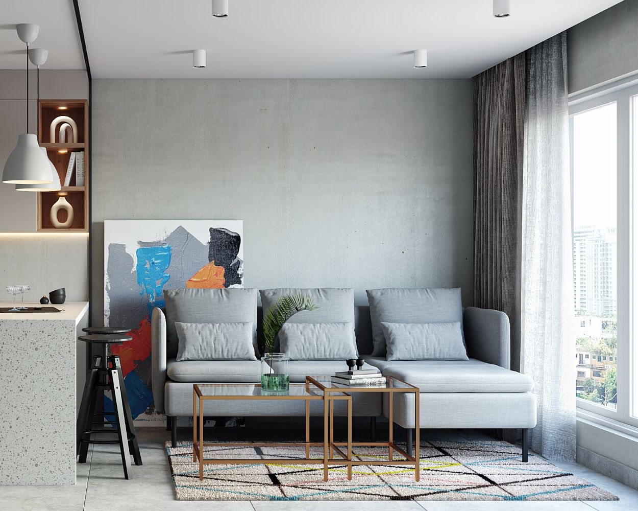 Minimalist Living Room Design With 3-Seater Grey Sofa