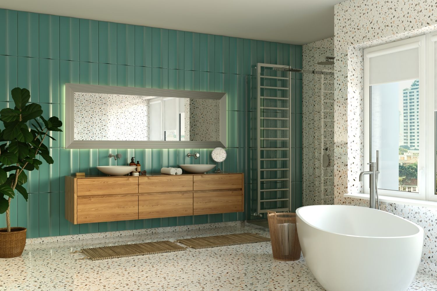 Modern White And Blue Bathroom Design With Terazzo Tiles