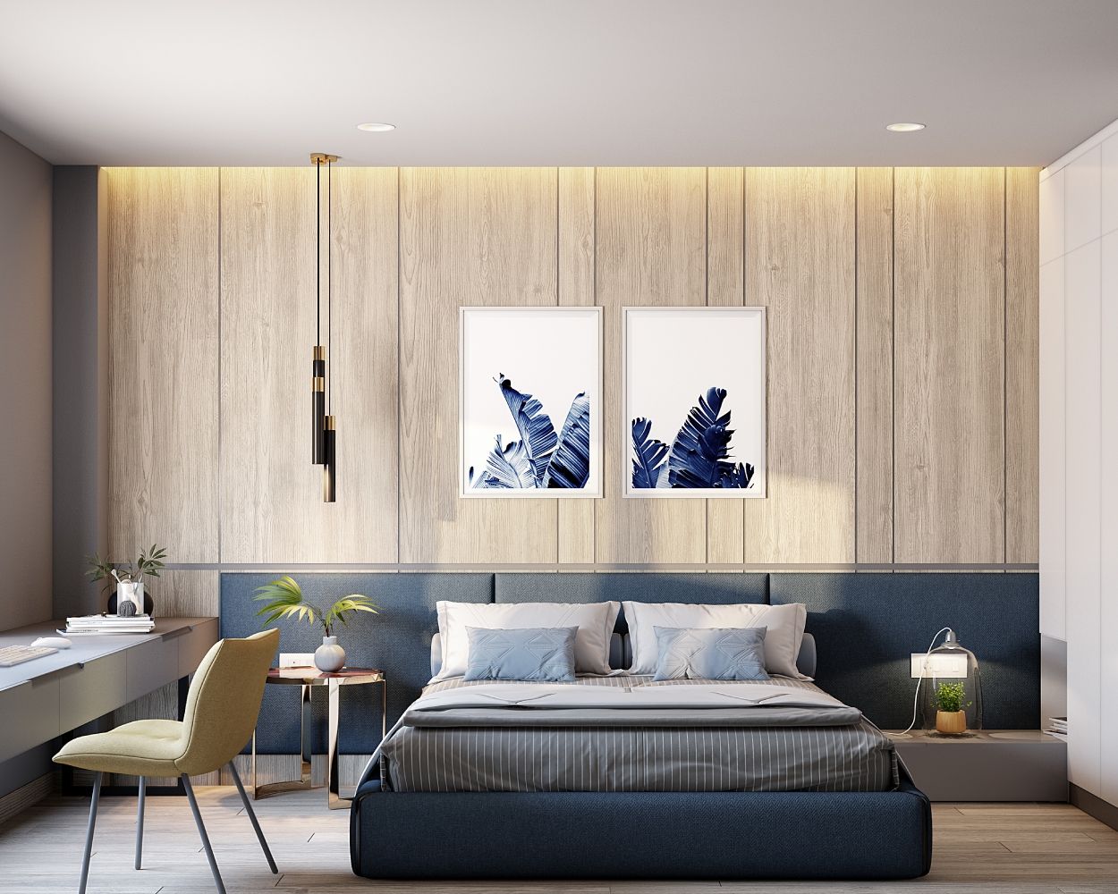 Contemporary Master Bedroom Design With A Blue Upholstered Double Bed
