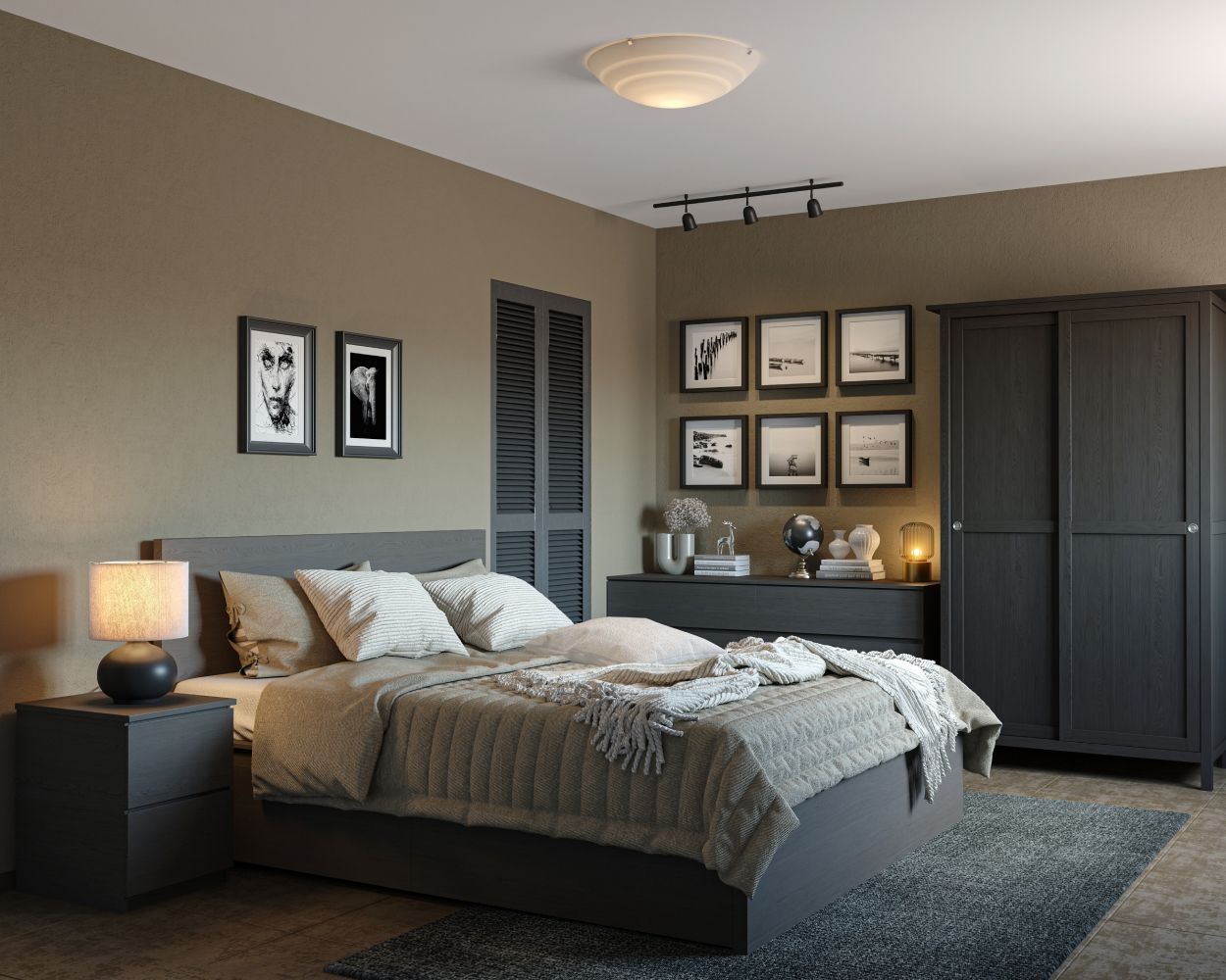Contemporary Master Bedroom Design With A Grey Bed And Two Side Tables