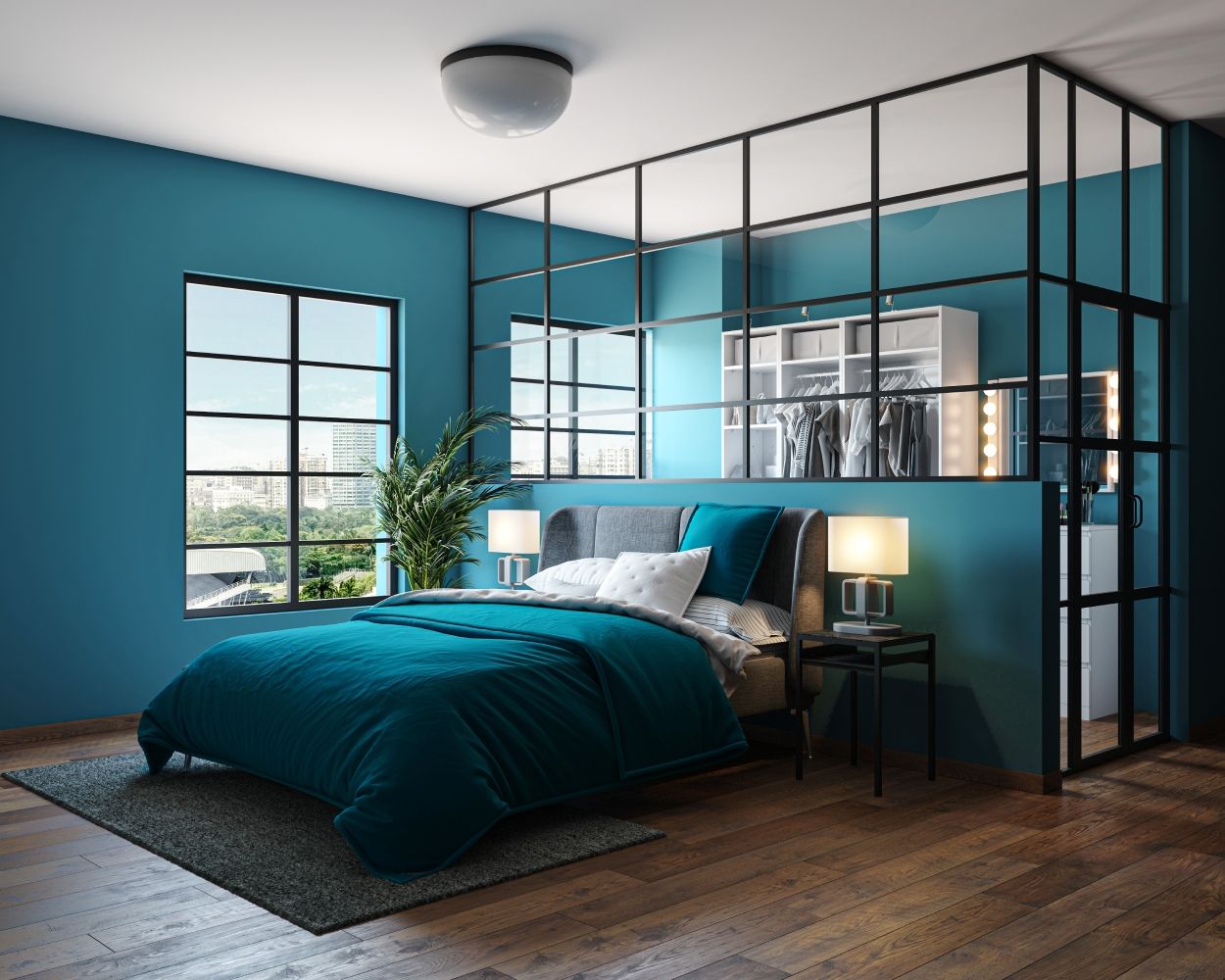 Modern Bedroom Design With A Teal Upholstered Bed And Side Tables With Lamps