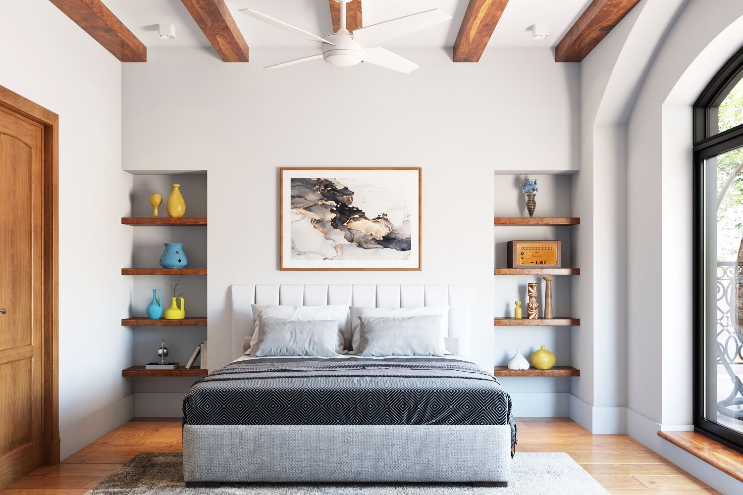 Scandinavian Bedroom Ceiling Design With Wooden Beams