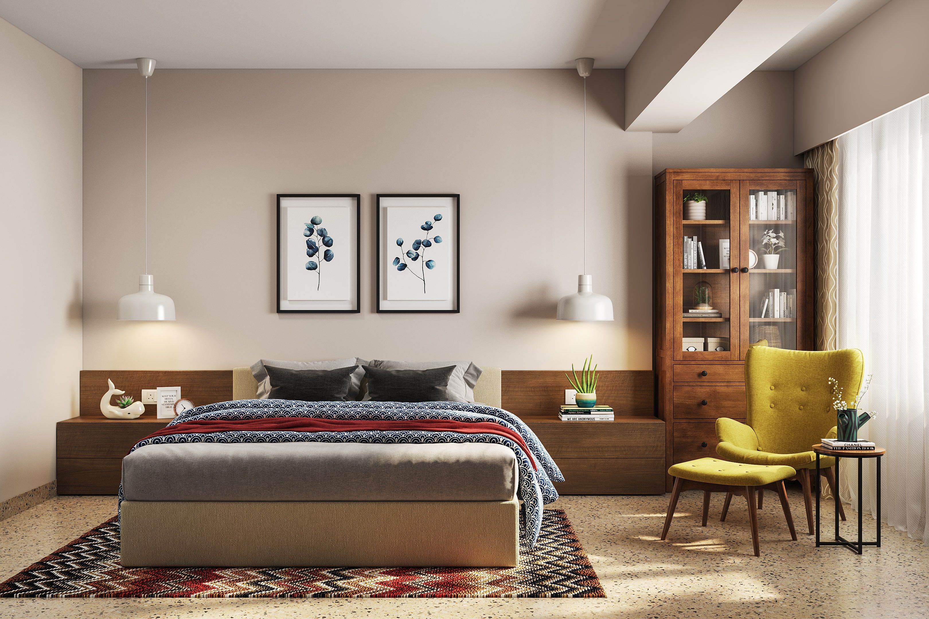 Transitional Master Bedroom Design With Pendant Lights