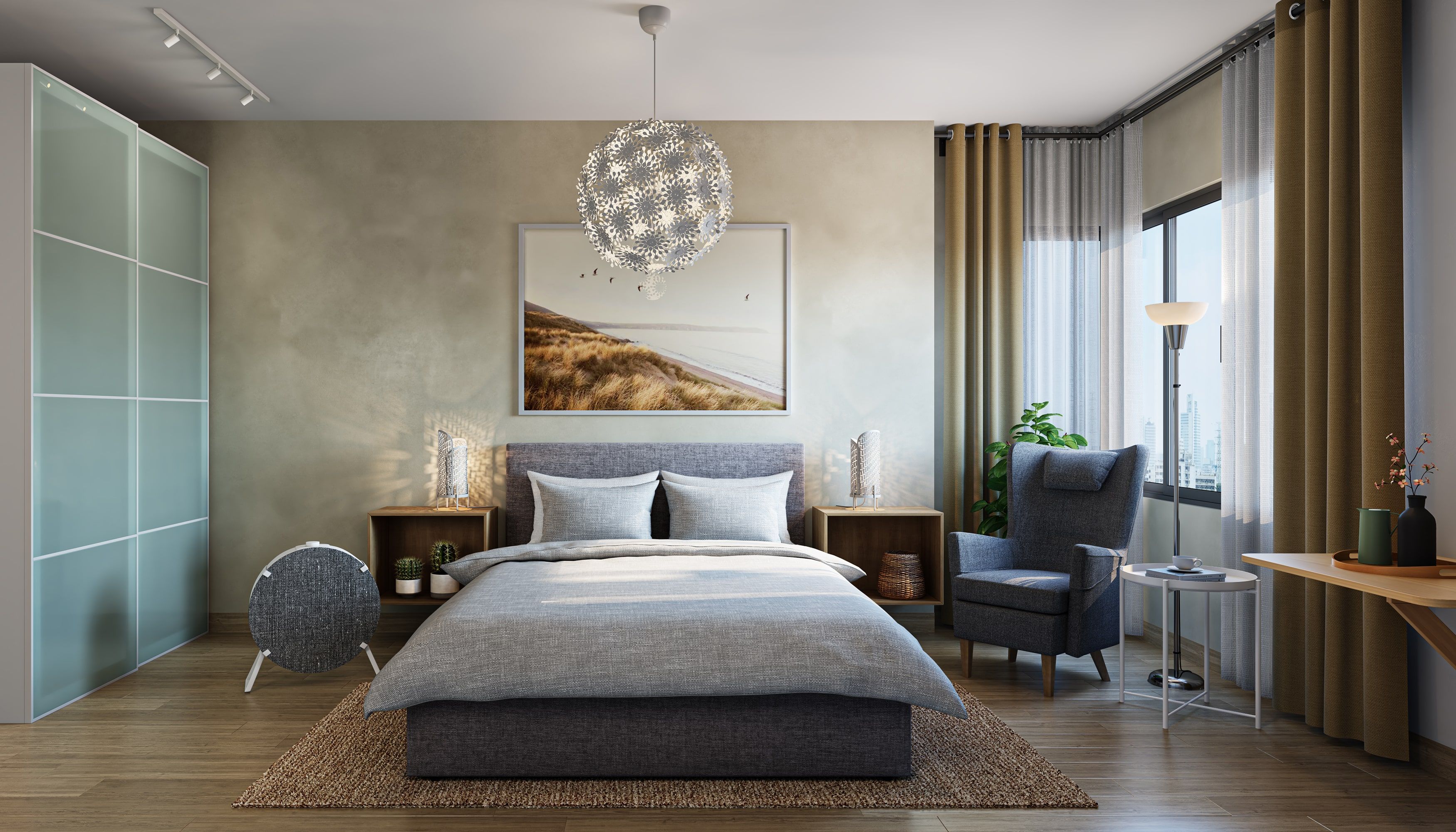 Modern Master Bedroom Design With Beige Textured Wall And Grey Upholstered Bed