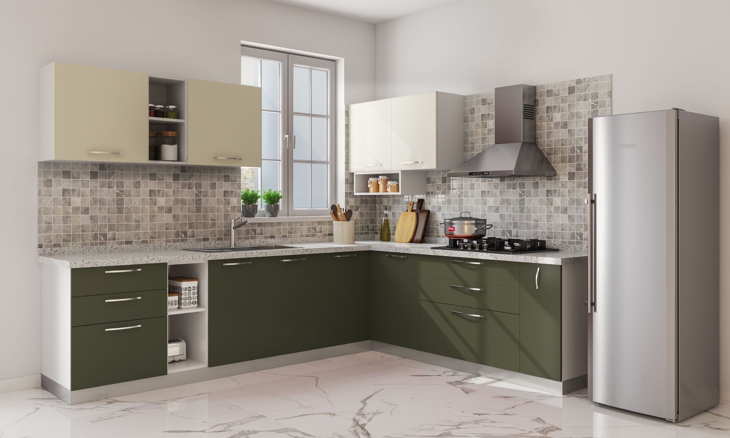 Olive Green Contemporary L-shaped Modular Kitchen with Champagne Accents