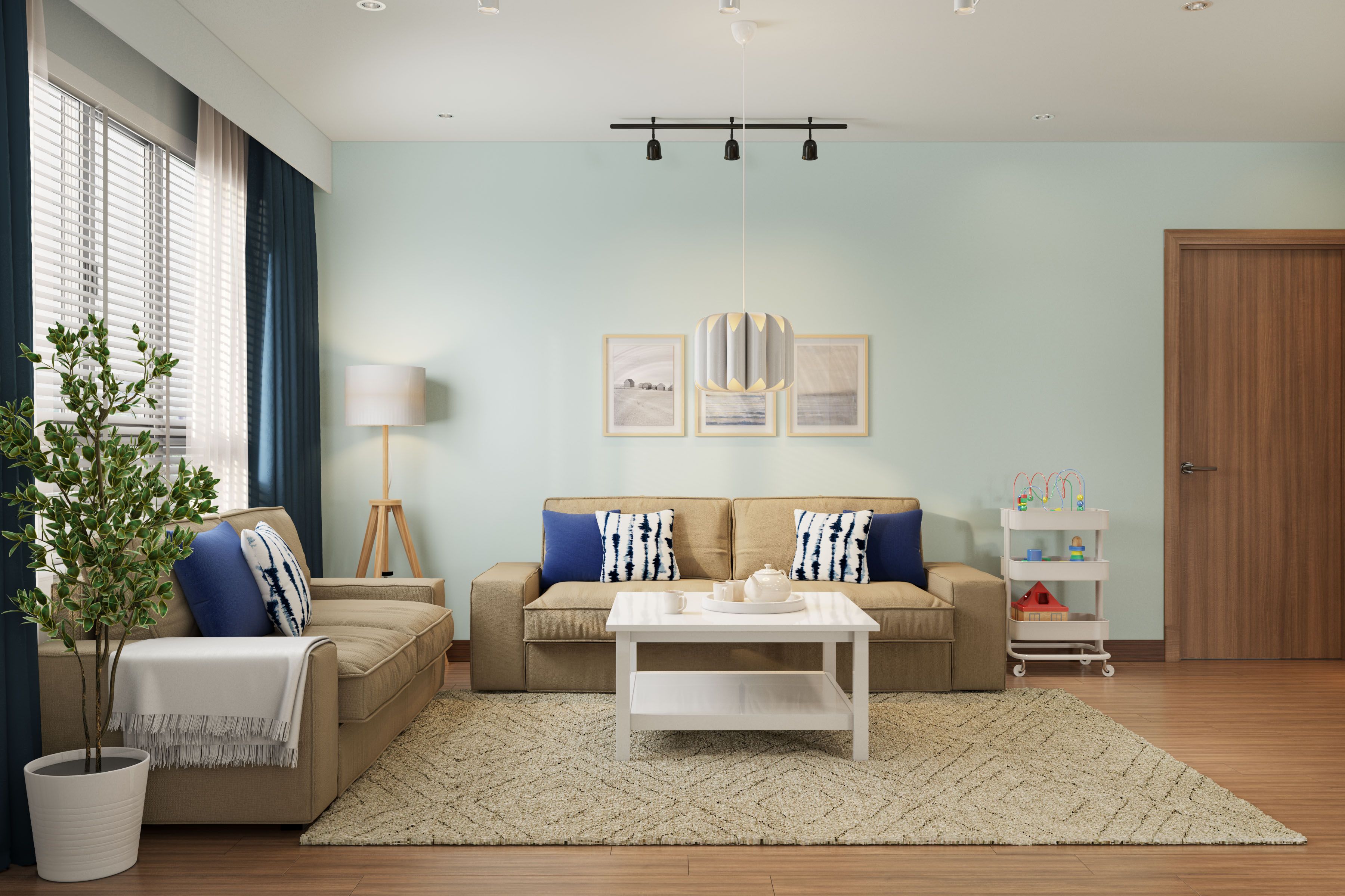 Convenient Pastel-Toned Living Room Design In An L-Shaped Layout