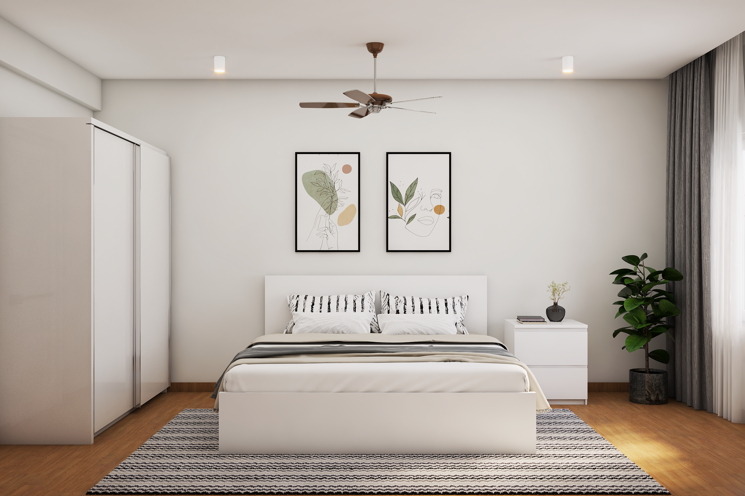 Minimalitst White Bedroom Design With White Sliding Wardrobe Design