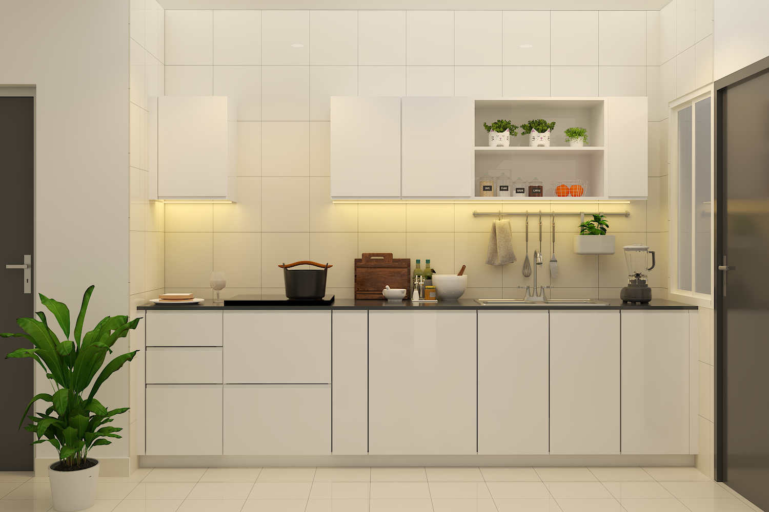 Minimalist Straight Kitchen Design With White Cabinets