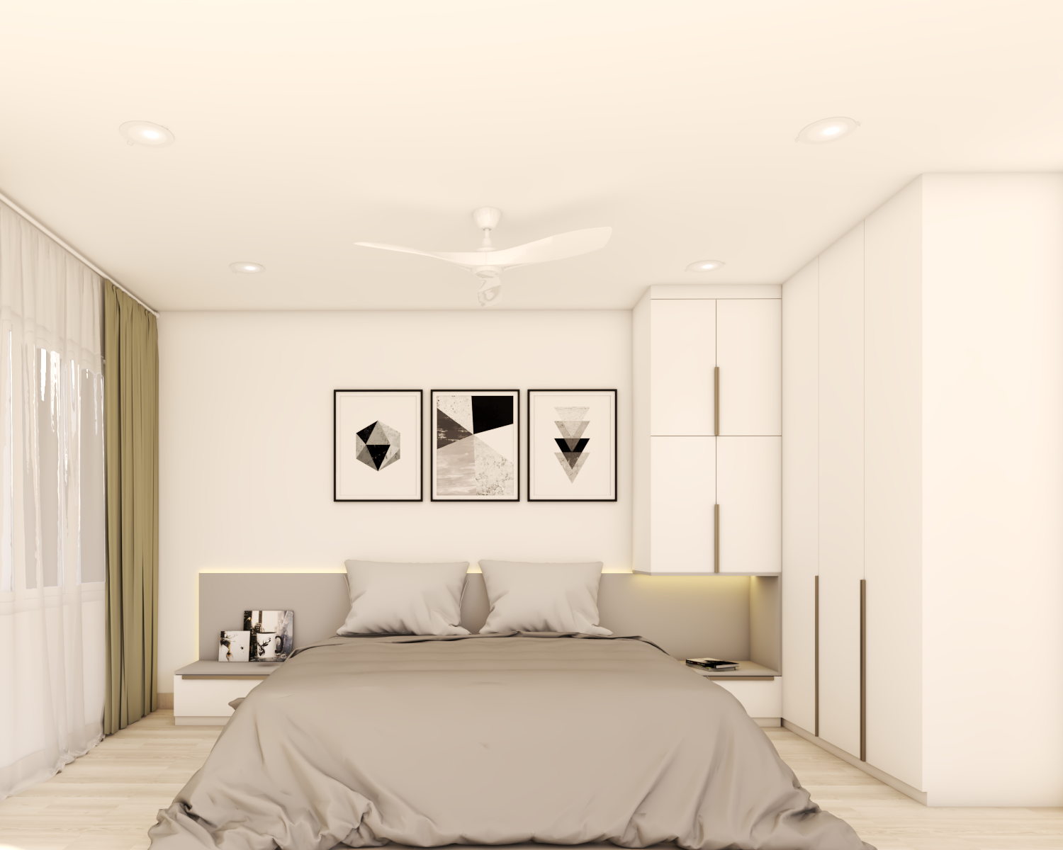 Minimalist Bedroom Design With Grey King-Sized Bed And White Storage