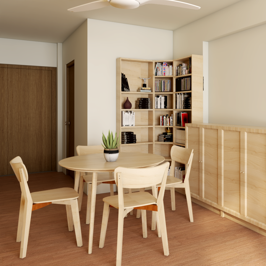 Scandinavian 4-Seater Dining Room Design With Open Wooden Shelves