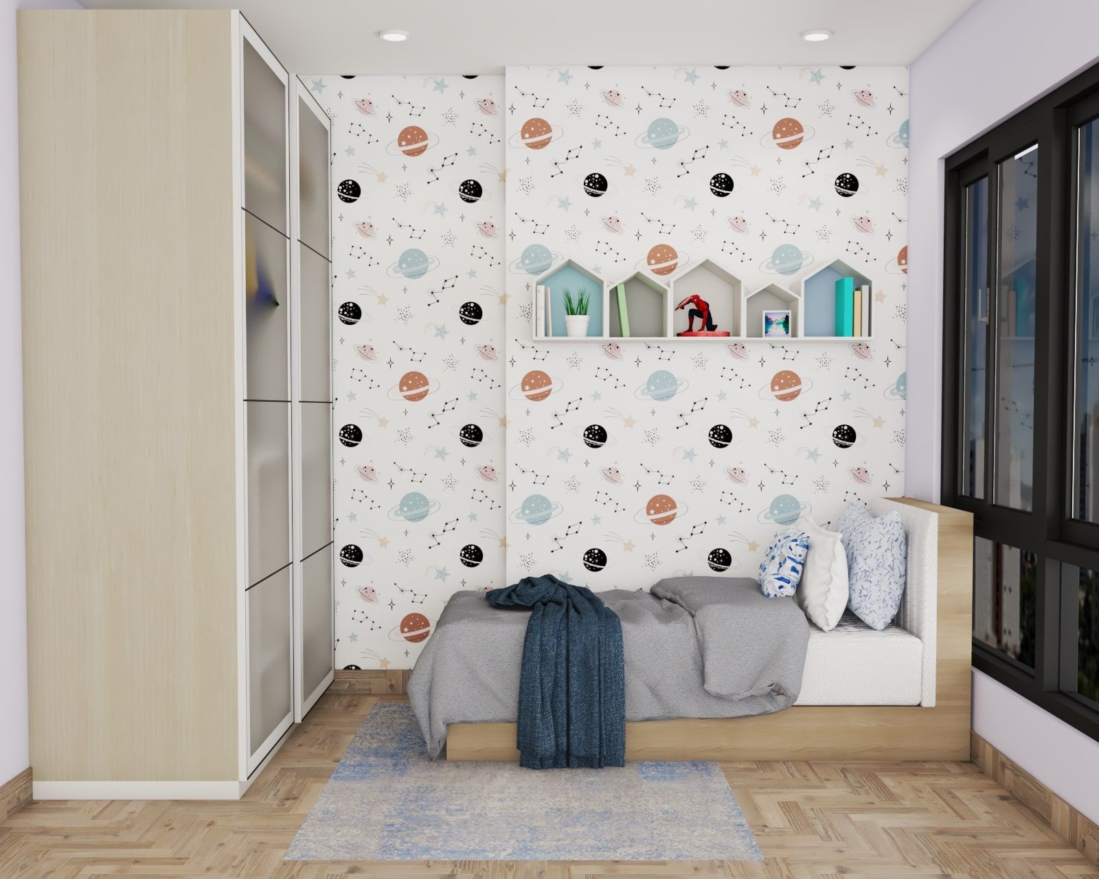 Modern Style Compact Kid's Bedroom Design With A Galaxy Theme