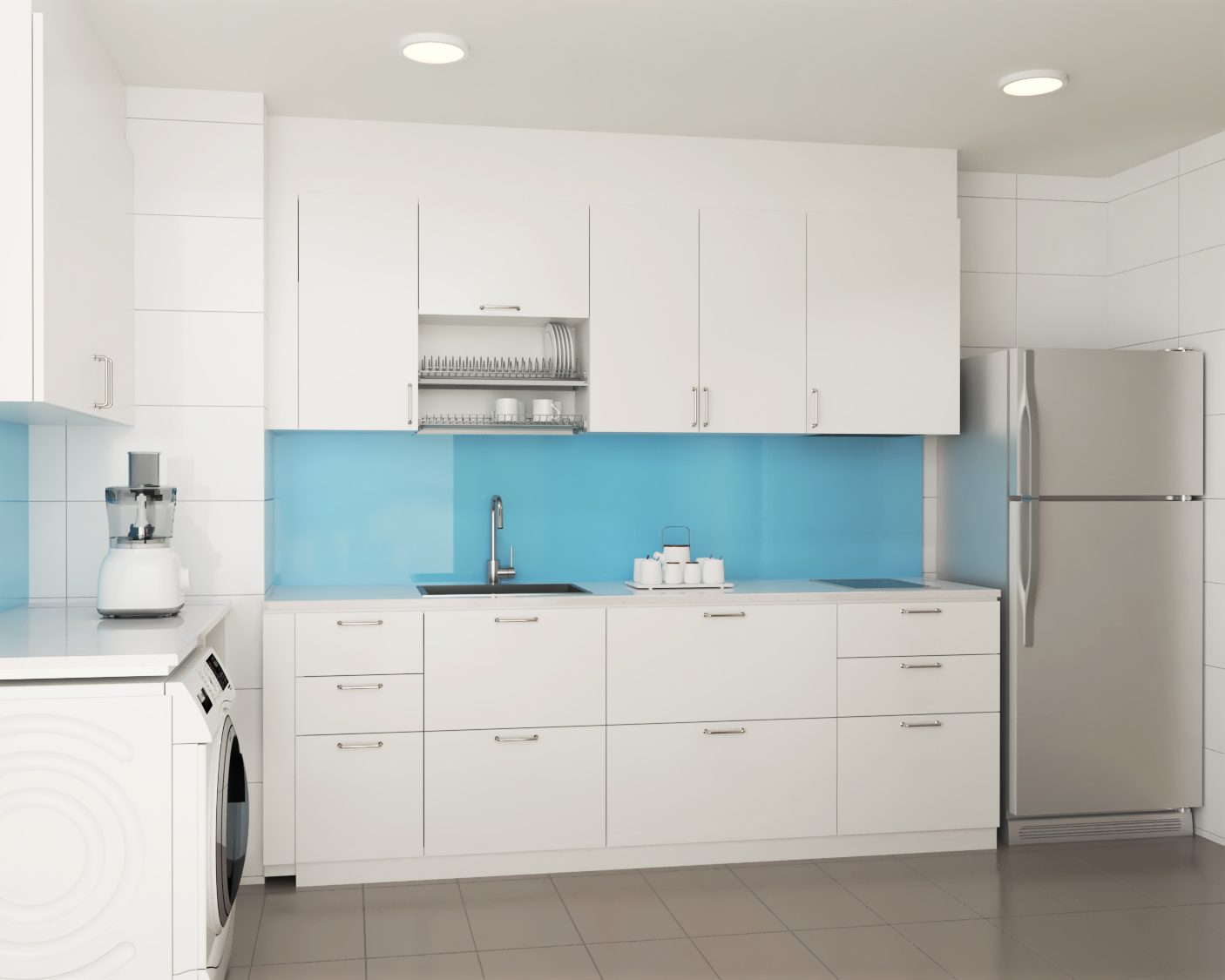Contemporary Kitchen Cabinet Design With Shaker Blue Backsplash