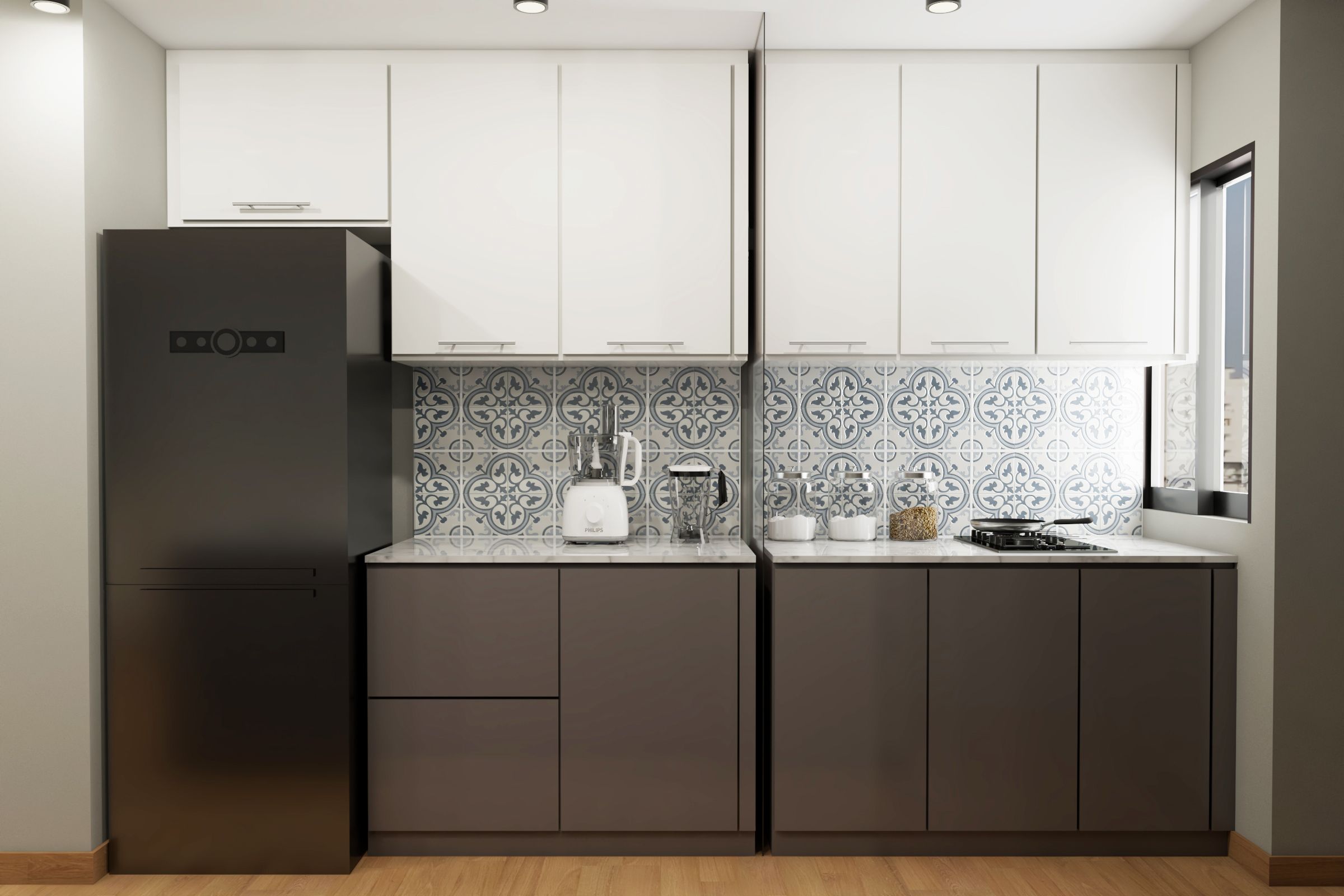 Modern Parallel Kitchen Cabinet Design In White And Grey