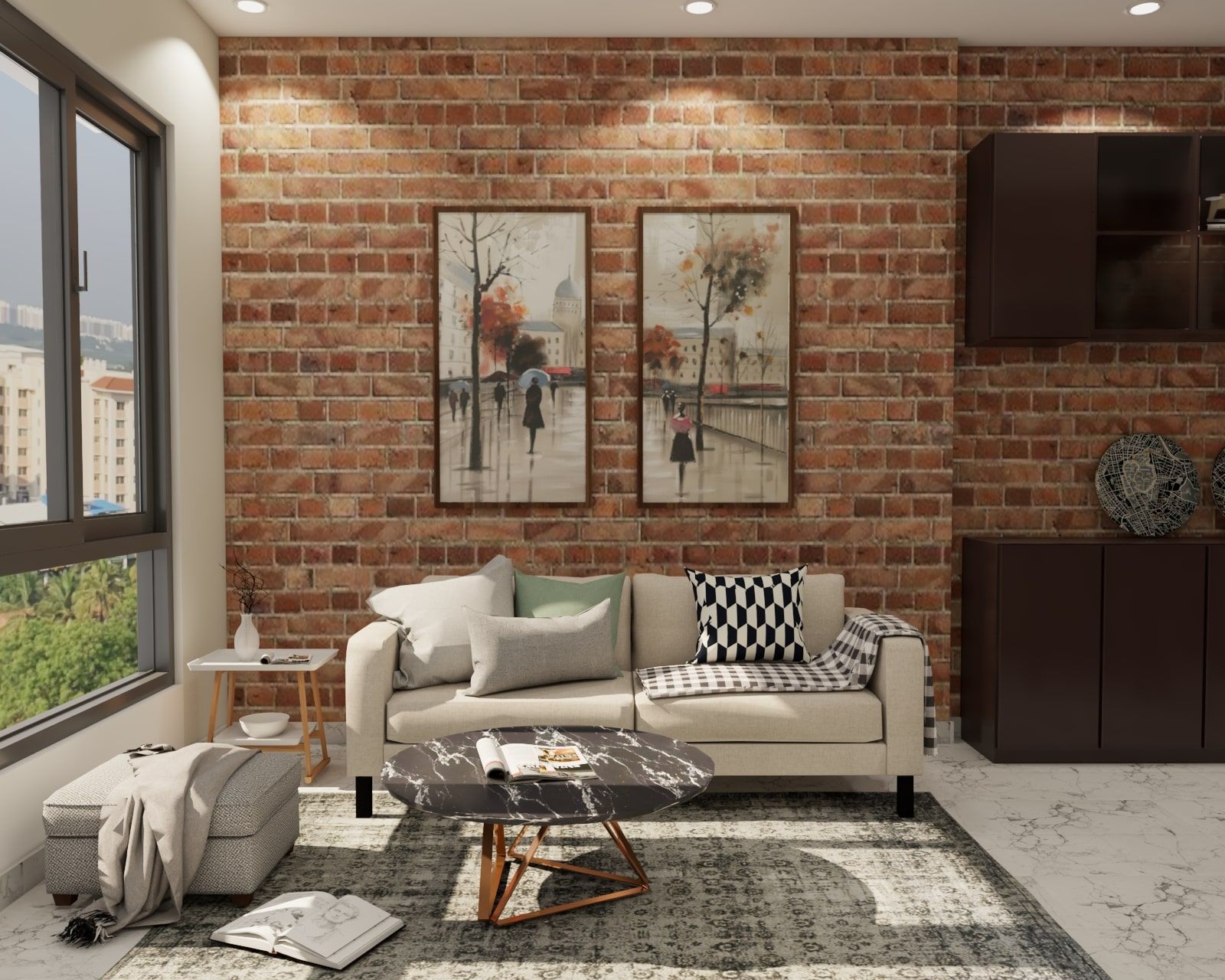 Contemporary Style Spacious Convenient Living Room Design With Brick Accent Wall