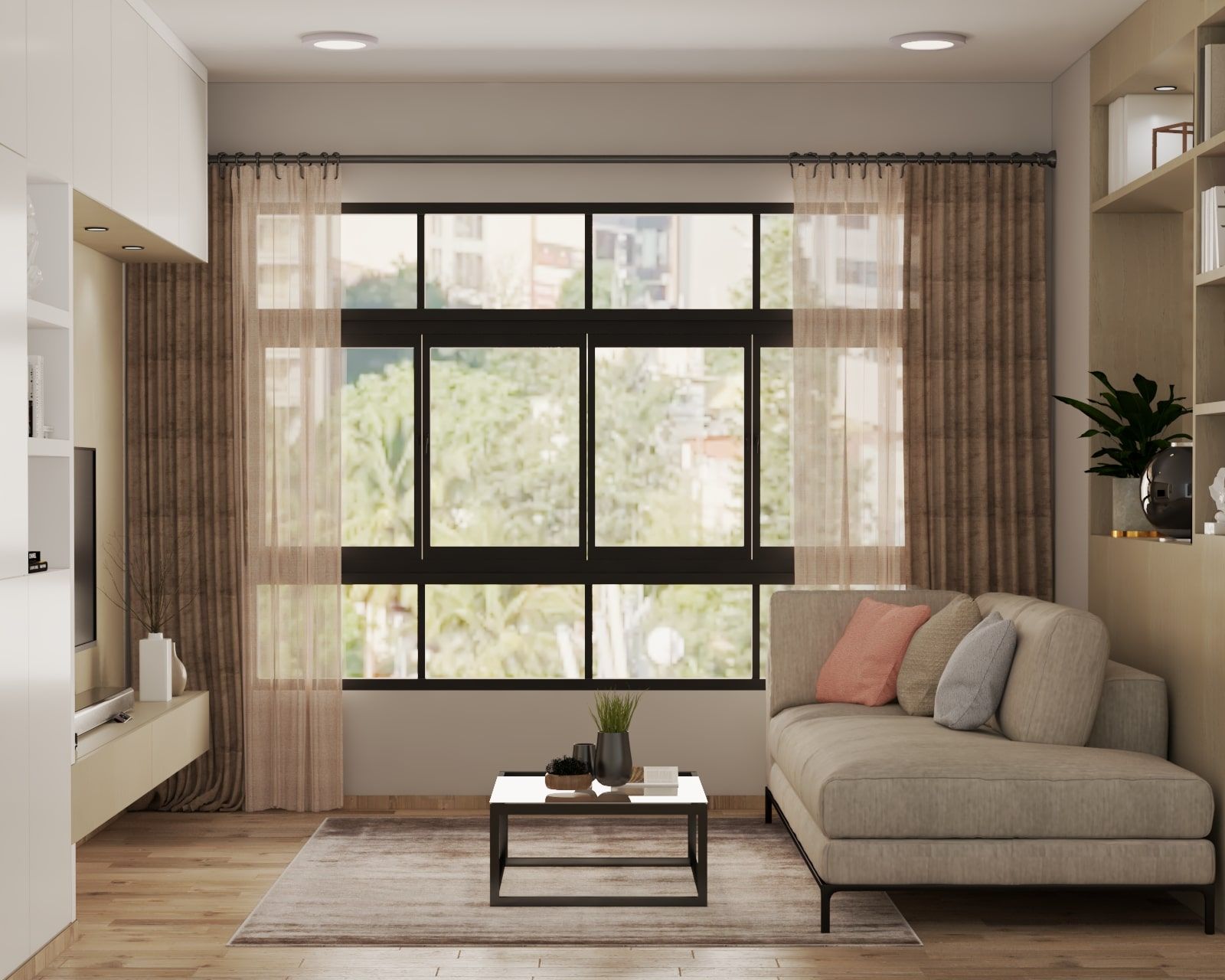Spacious Contemporary Style Convenient Living Room Design With Sofa-Cum-Bed