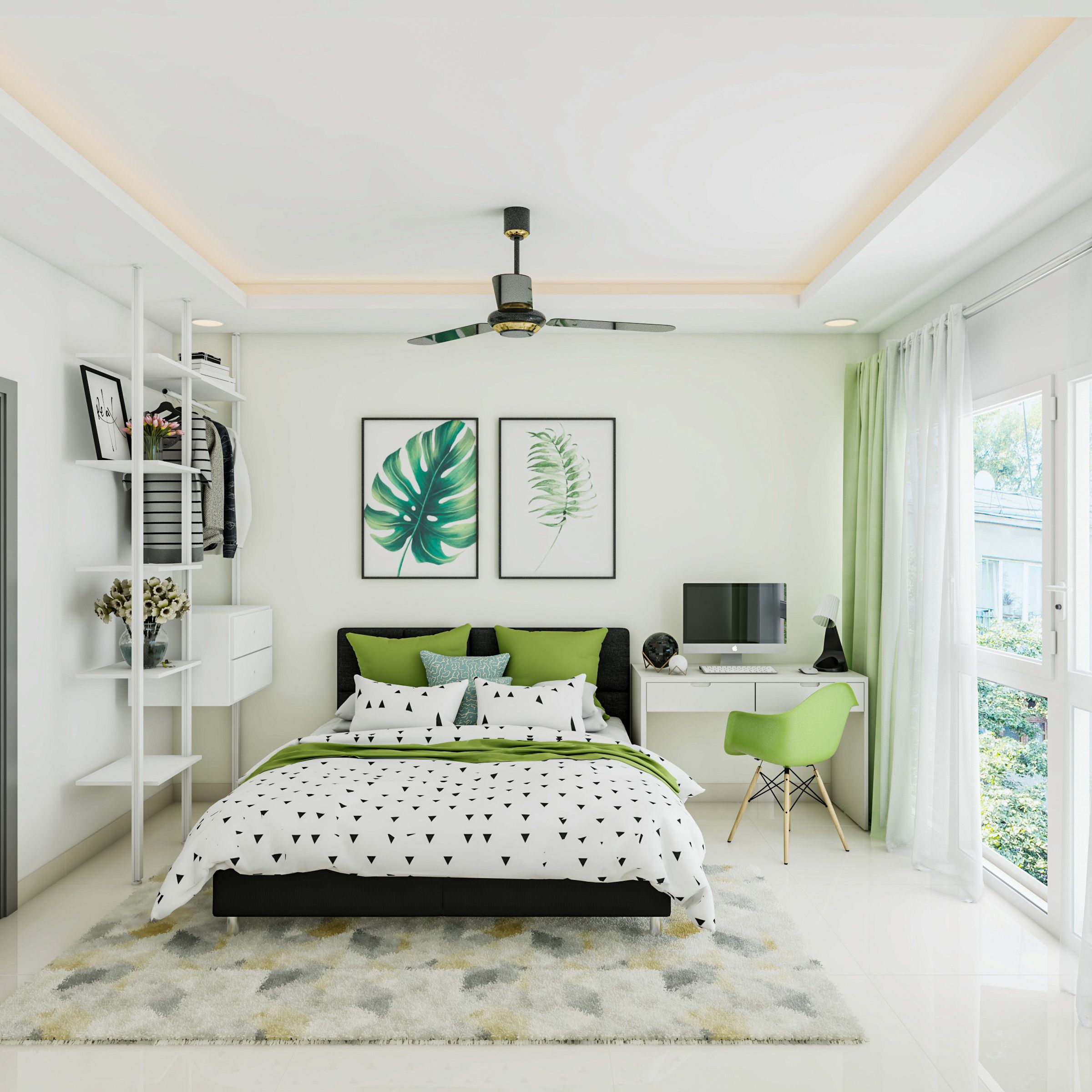 Modern And Spacious Master Bedroom Design With Green Decor | Livspace