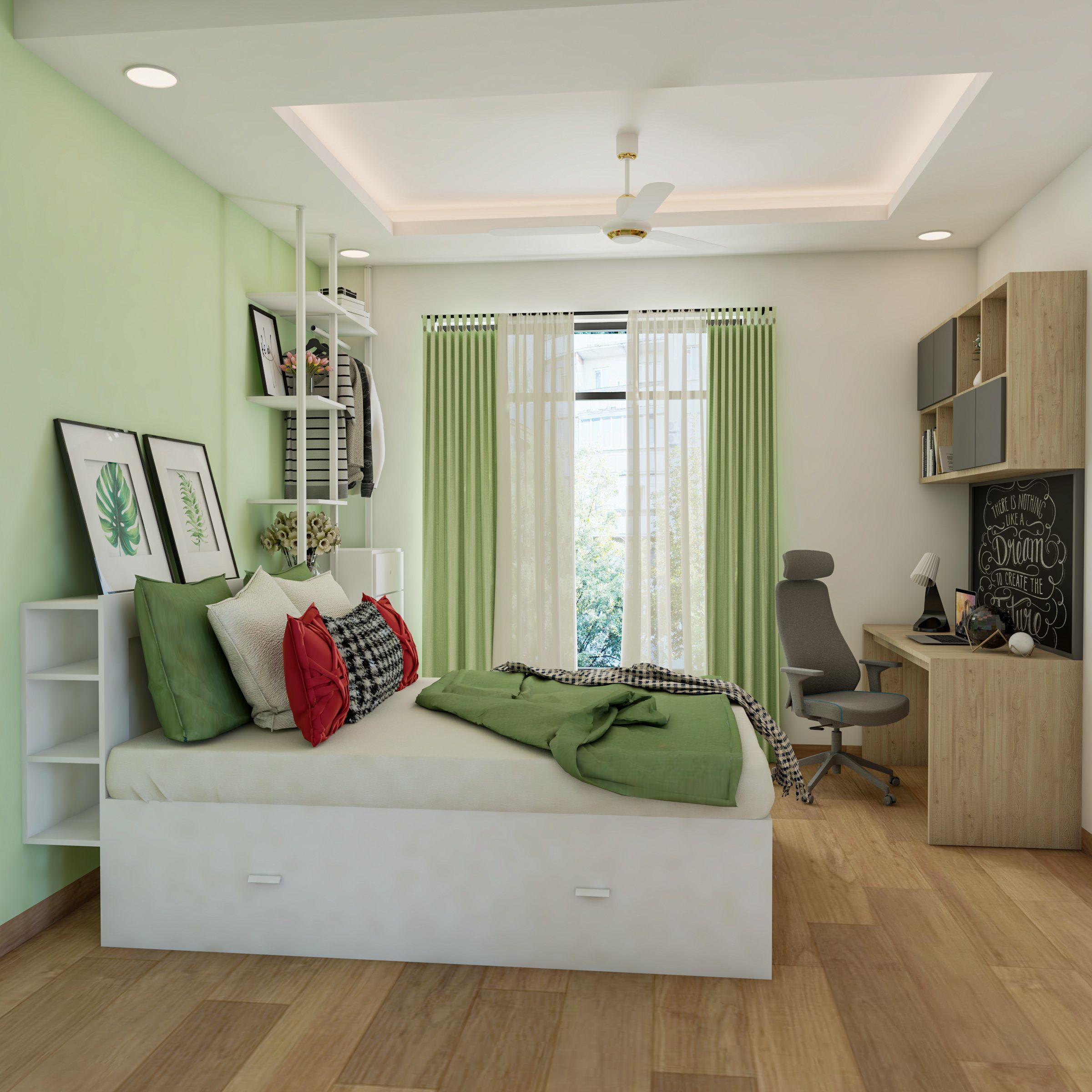 Pale Green Contemporary Master Bedroom Design With Study Room Livspace