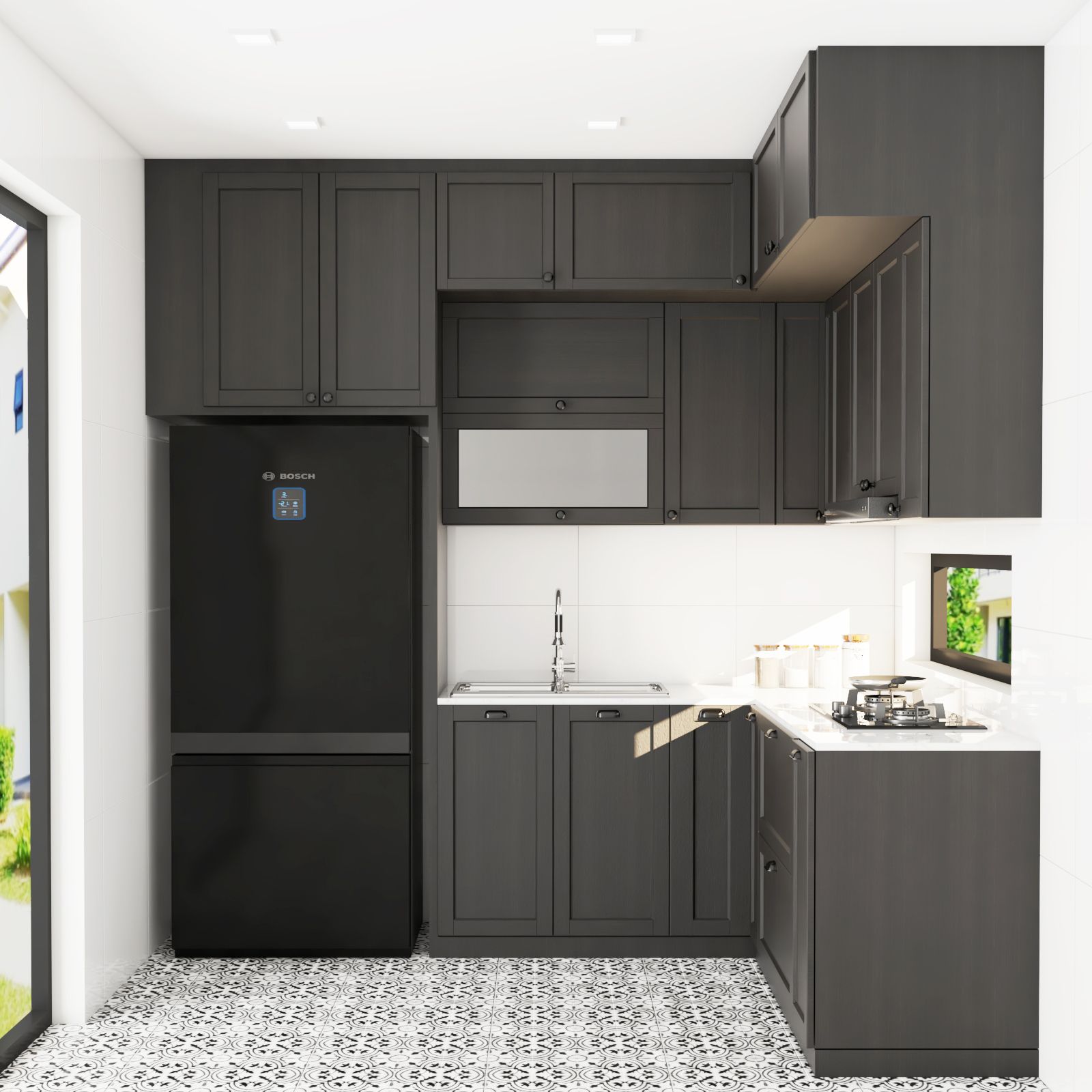 Modern Black Themed L-Shaped Kitchen Cabinet Design