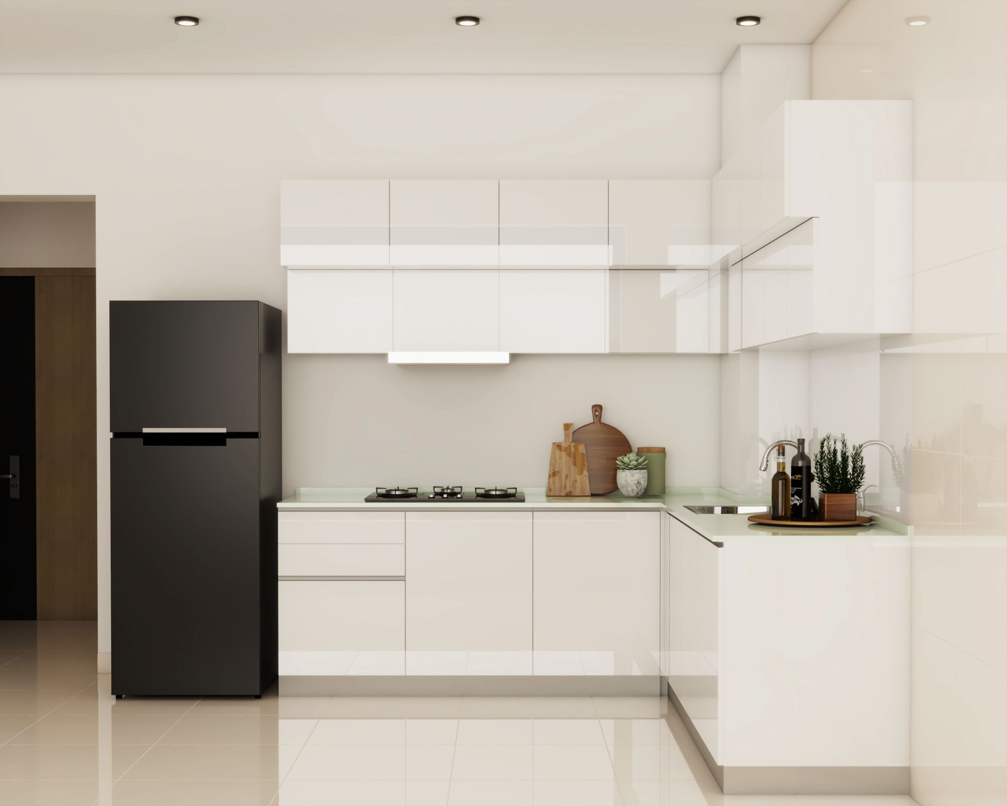 Modern L-Shaped Kitchen Cabinet Design In White
