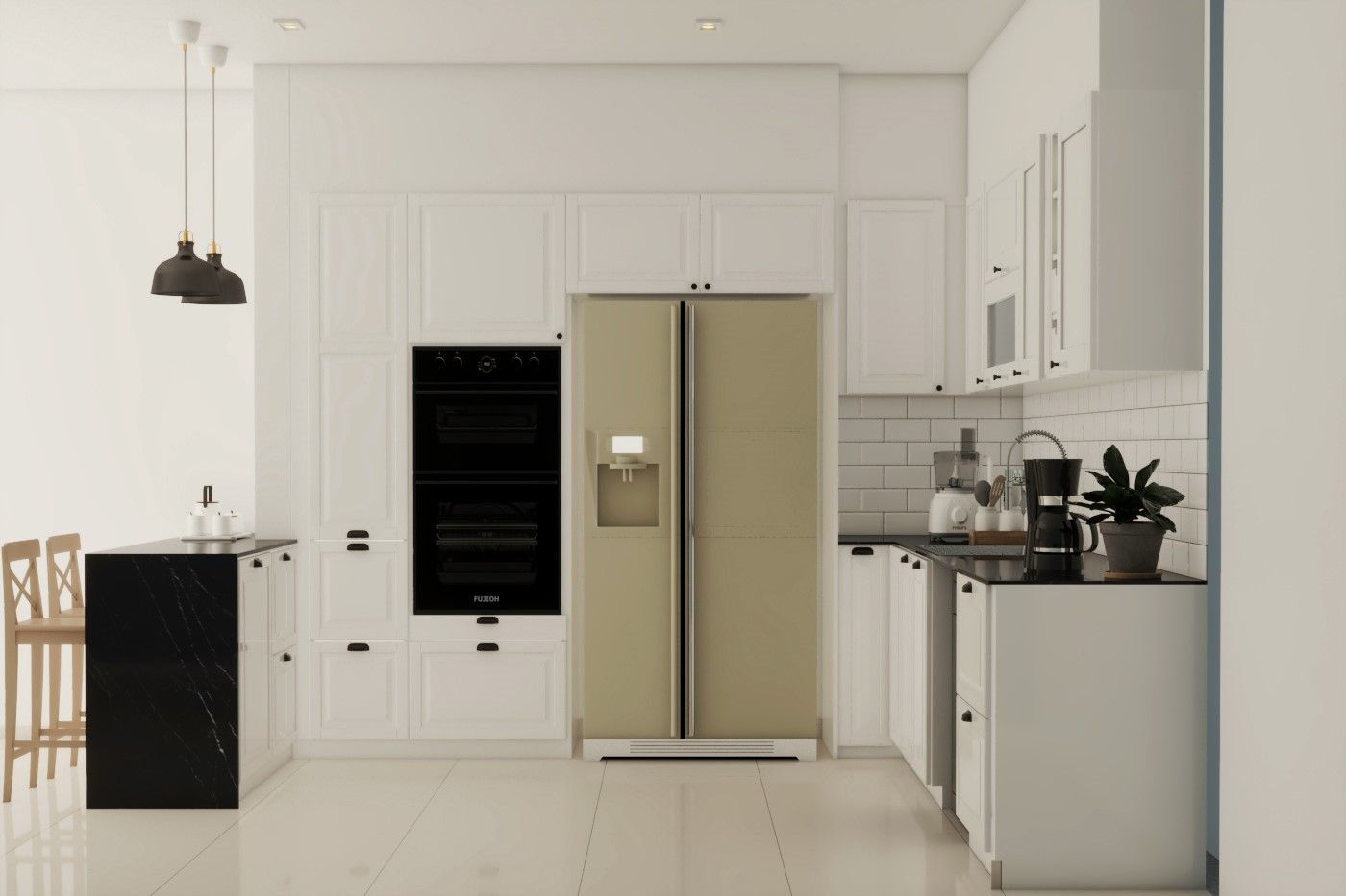 Contemporary L-Shaped Kitchen Cabinet Design With White Interiors