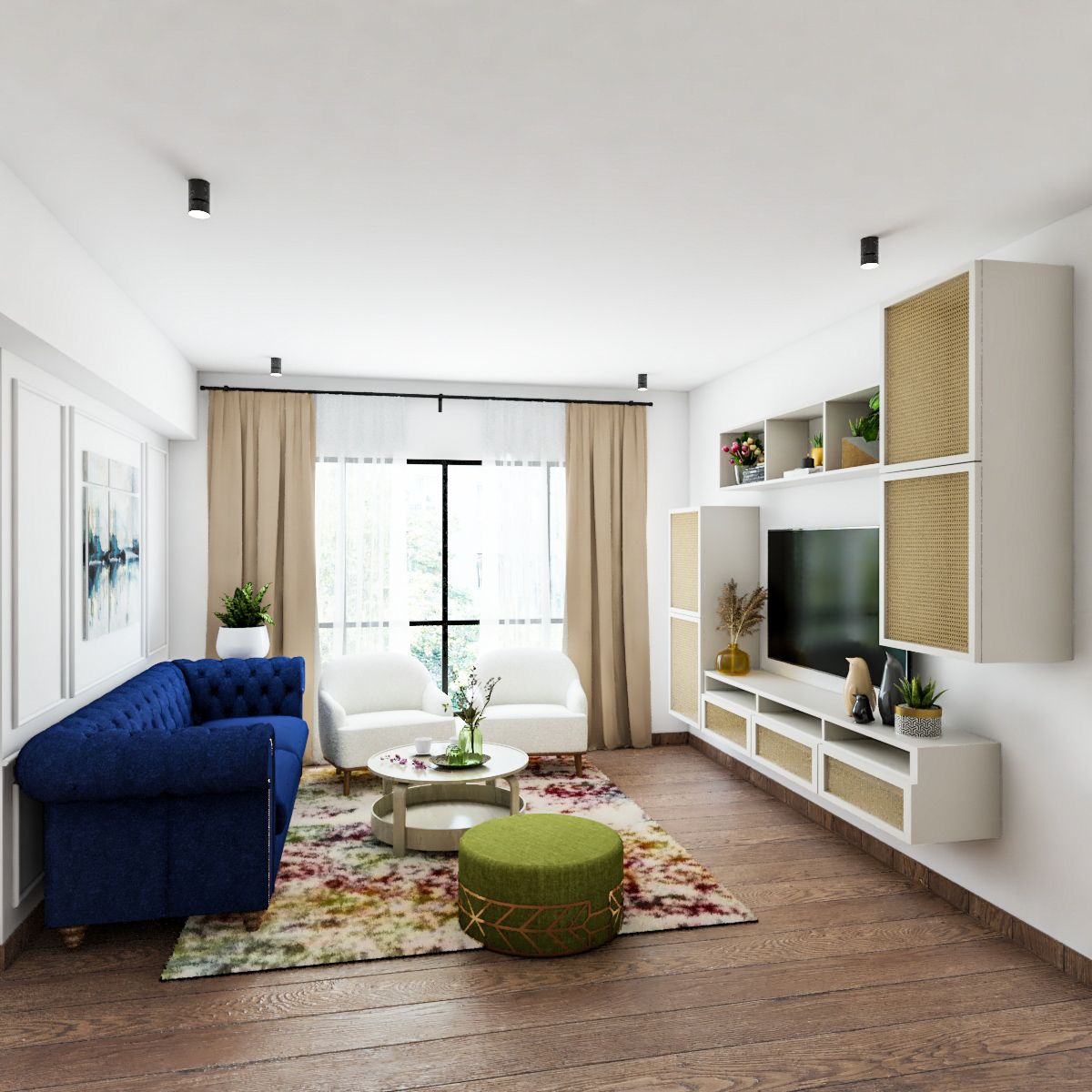 Contemporary Living Room Design With Blue Sofa