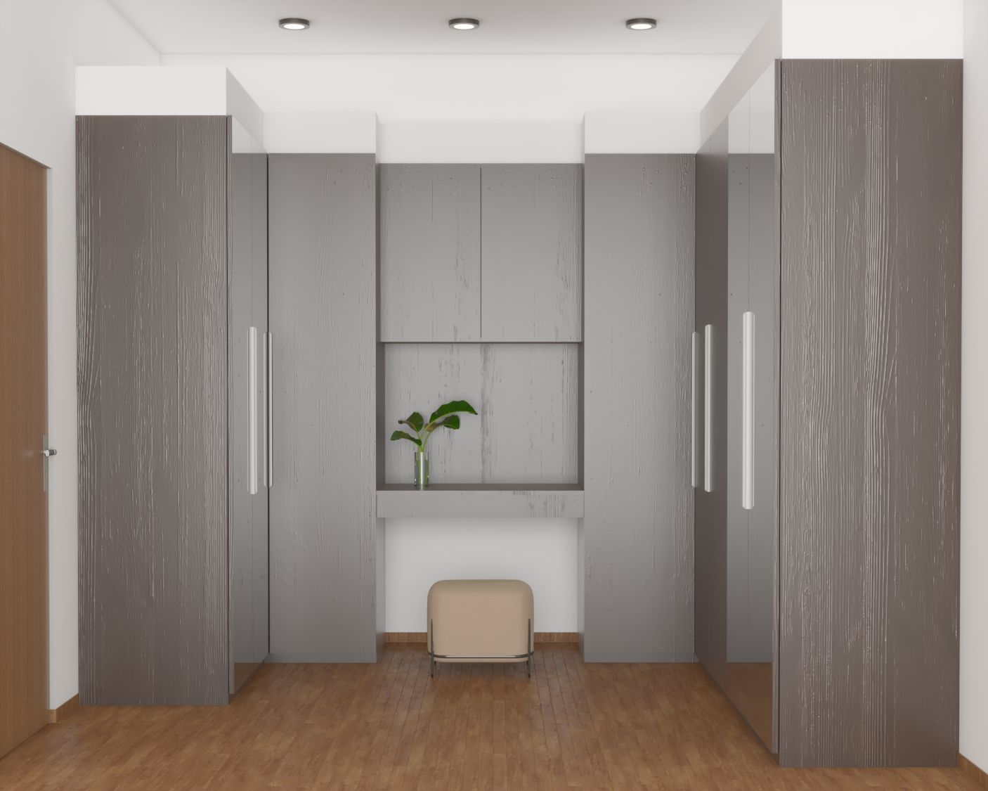 Grey Themed Classic Walk In Wardrobe Design With Chrome Handles