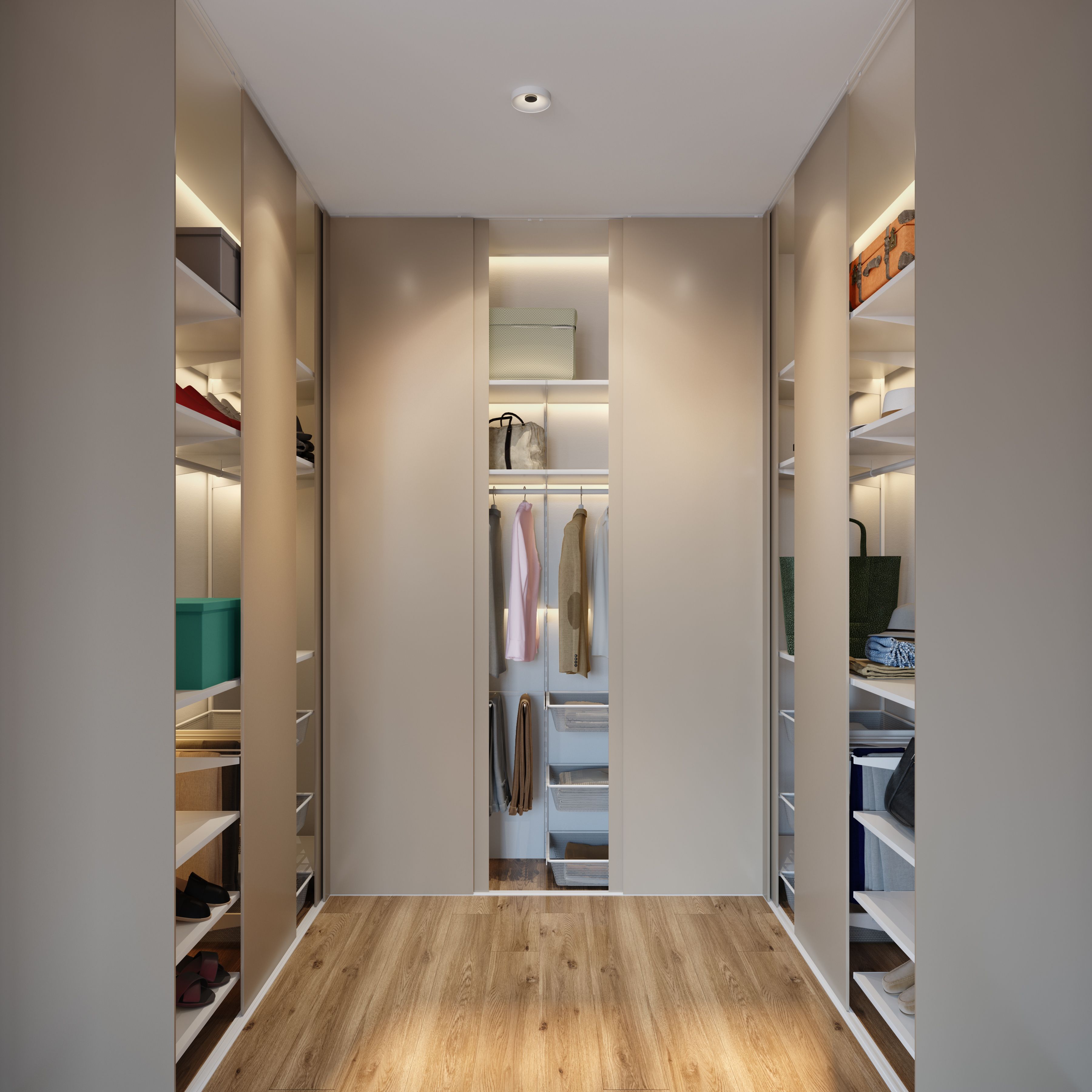Spacious Walk-In Wardrobe Design With Lighting And White Shelves