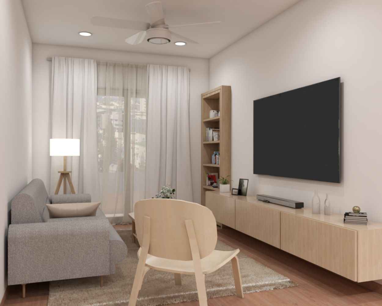 Modern Living Room Design With A Wall-Mounted Wooden TV Unit