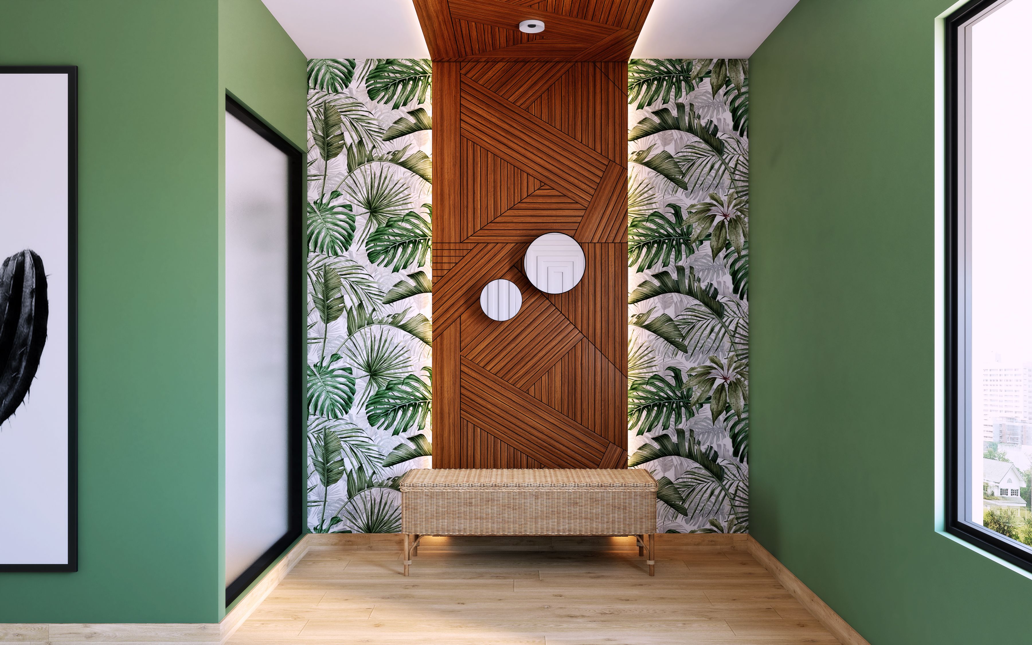 Tropical Foyer Design With Bench And Mirror