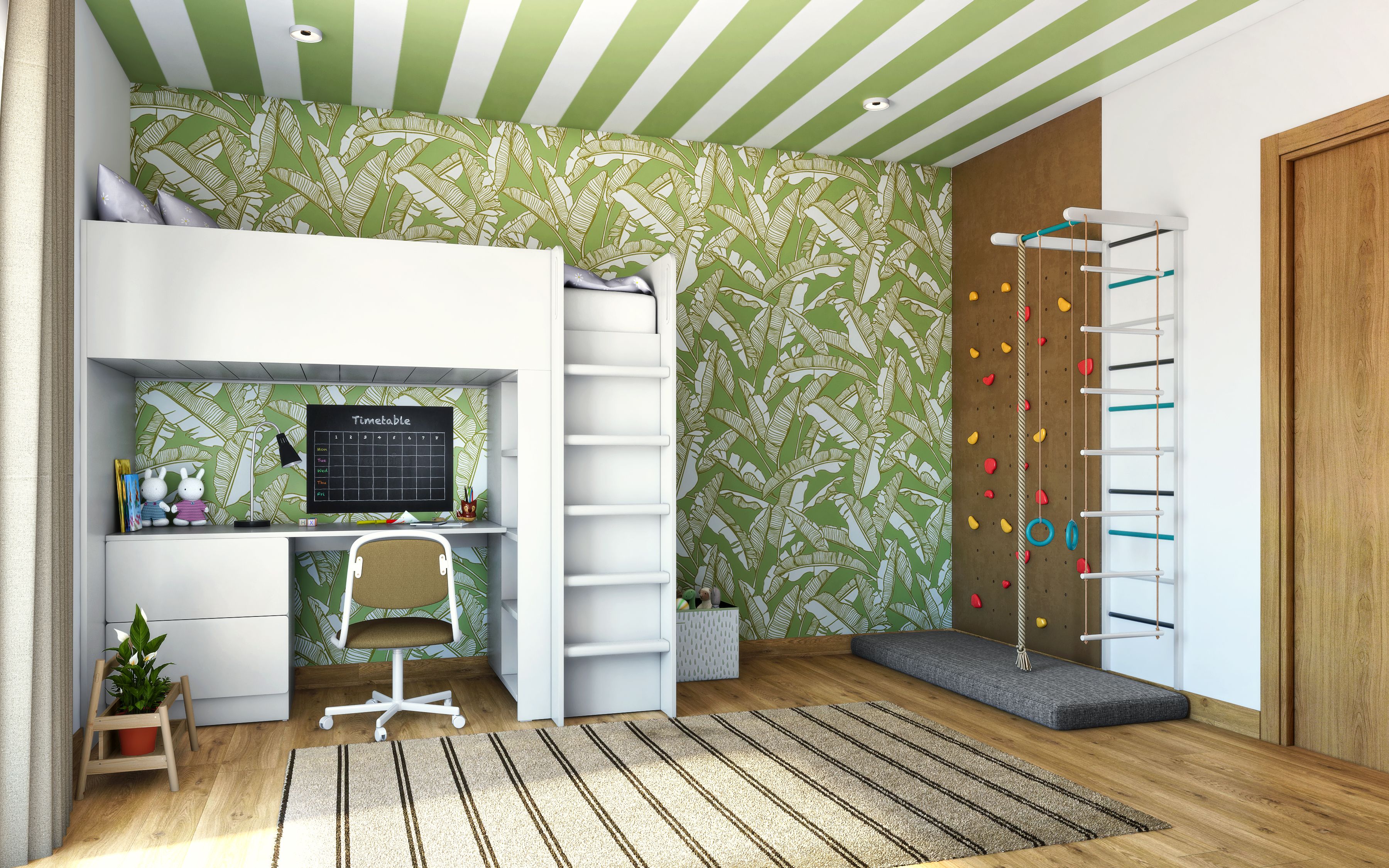 Modern Green Kid's Bedroom Design With Climbing Props And Loft Bed