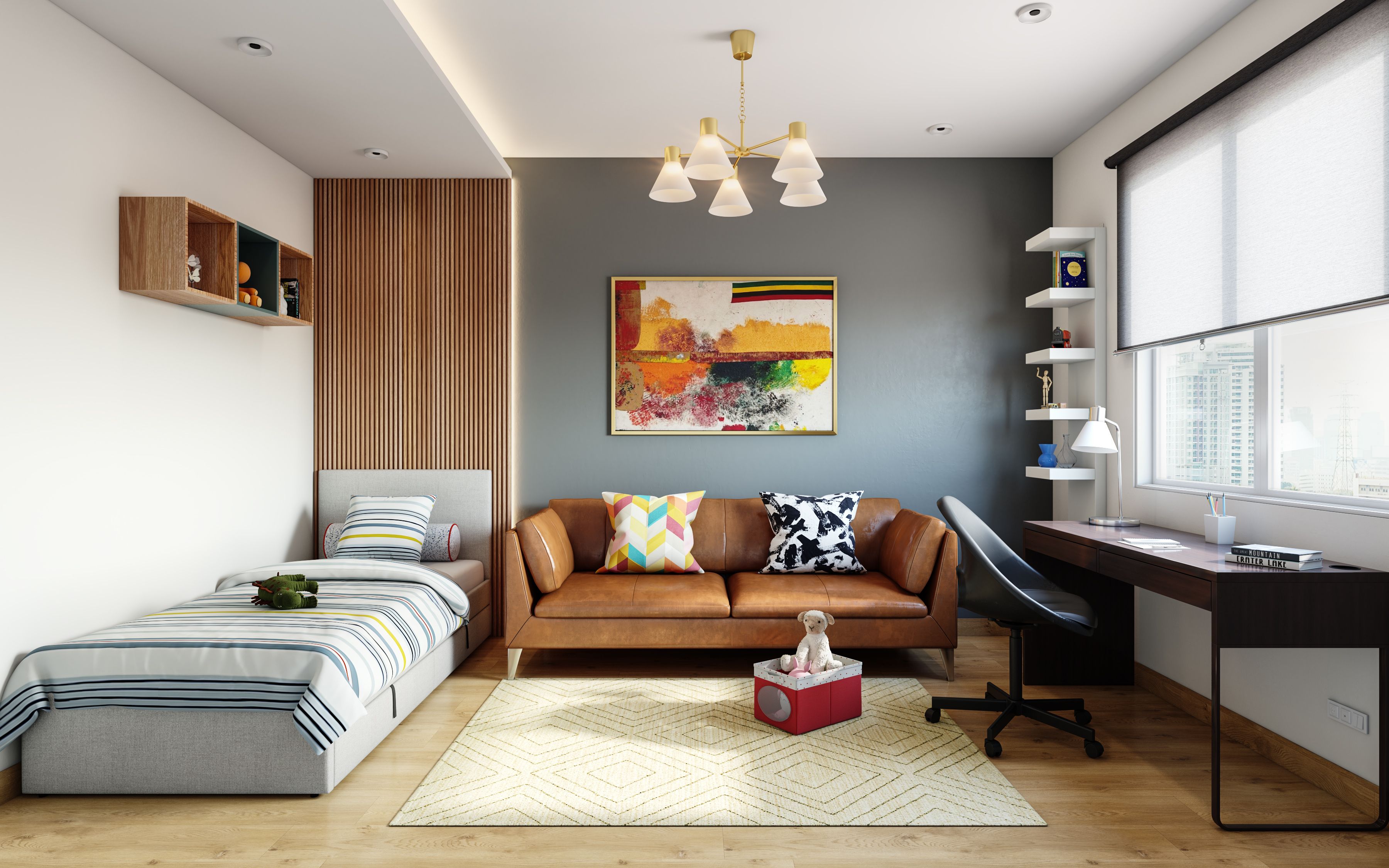 Modern Kid's Bedroom Design With Leather Sofa And Large Study