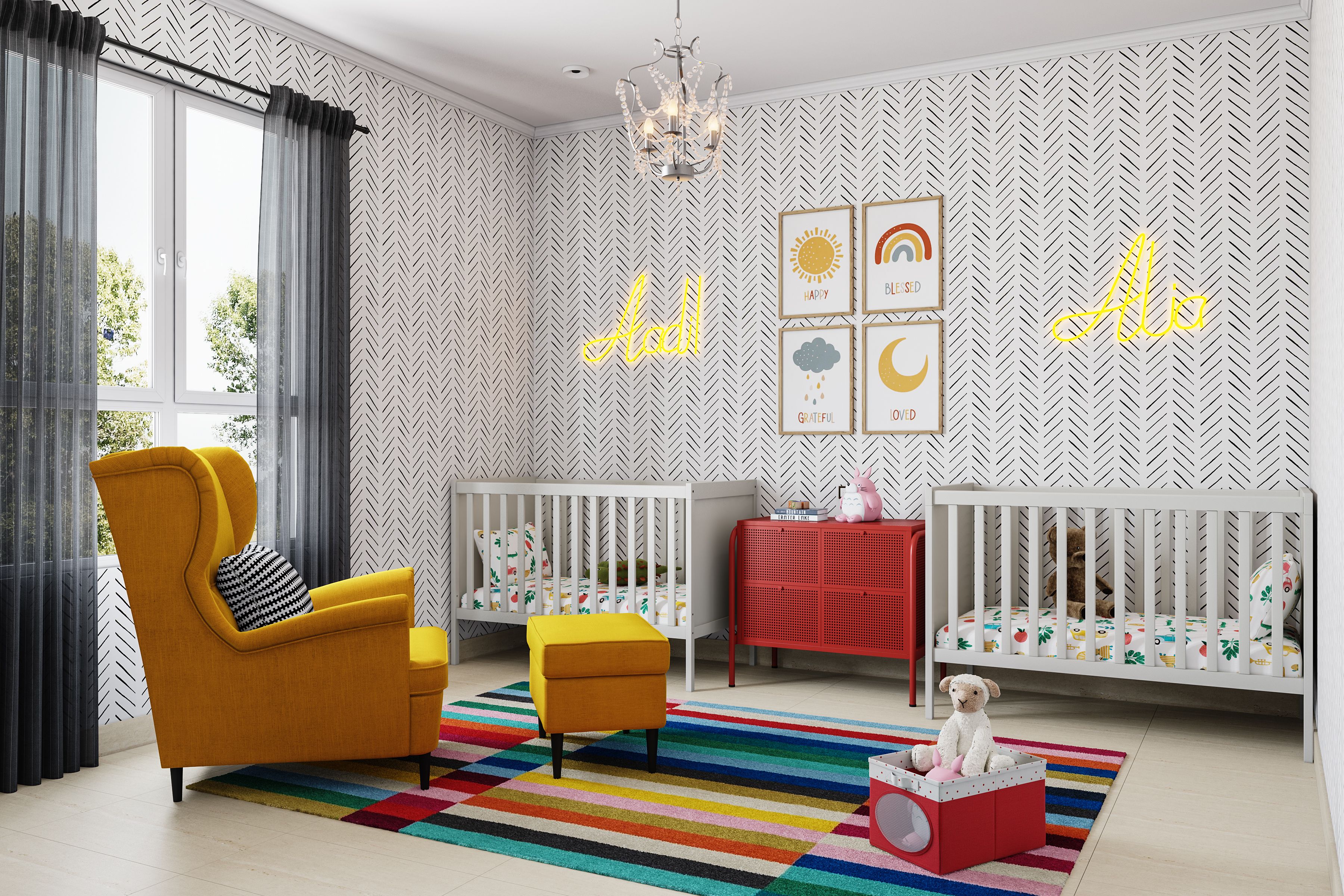 Elegant Kid's Bedroom Design With Twin Cradles And Colourful Furniture