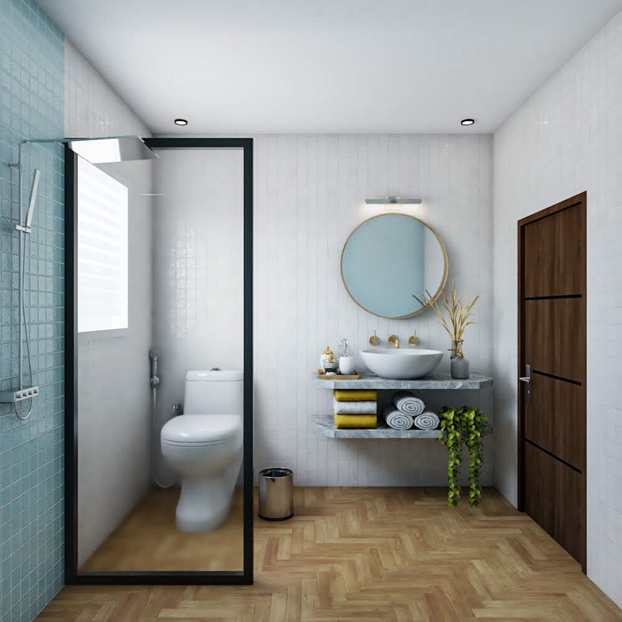 Spacious Minimal Blue And White Bathroom Design | Livspace