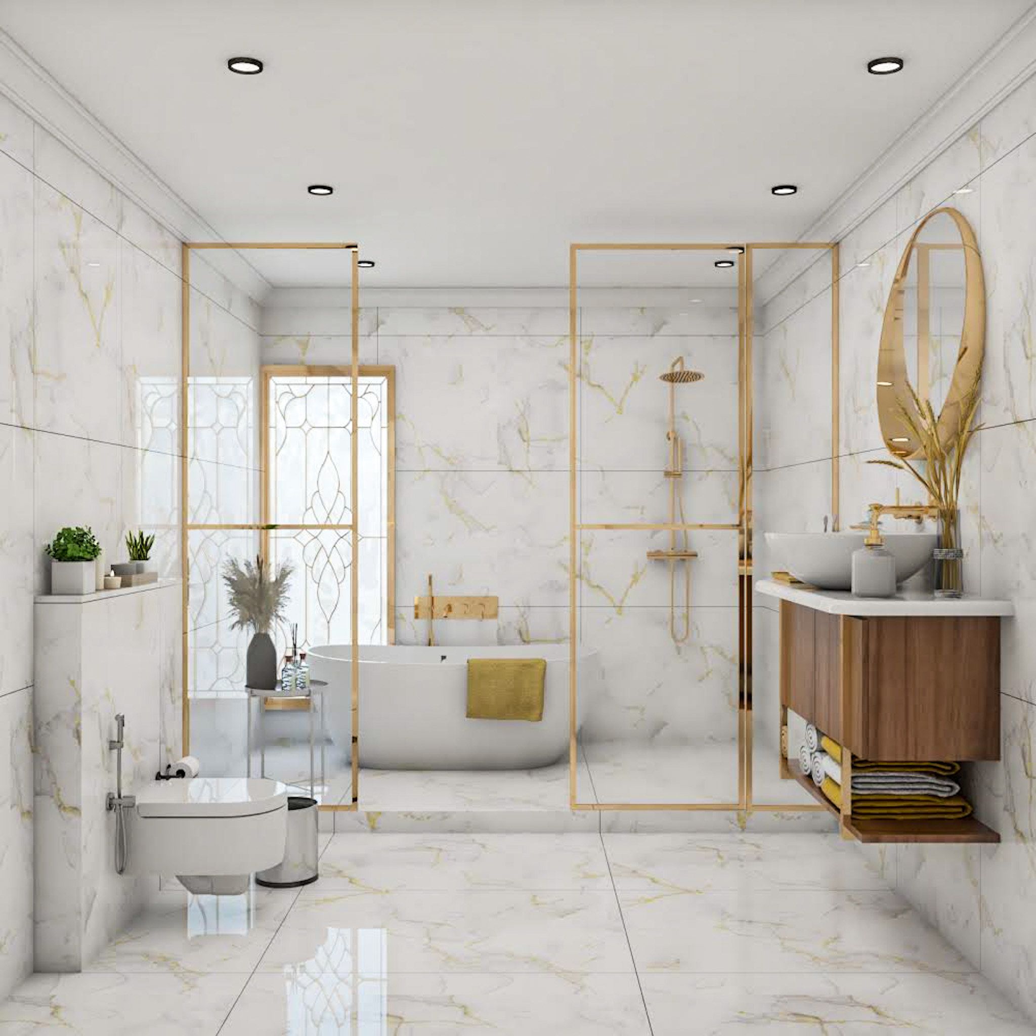 Spacious White And Printed Tiled Bathroom Design | Livspace