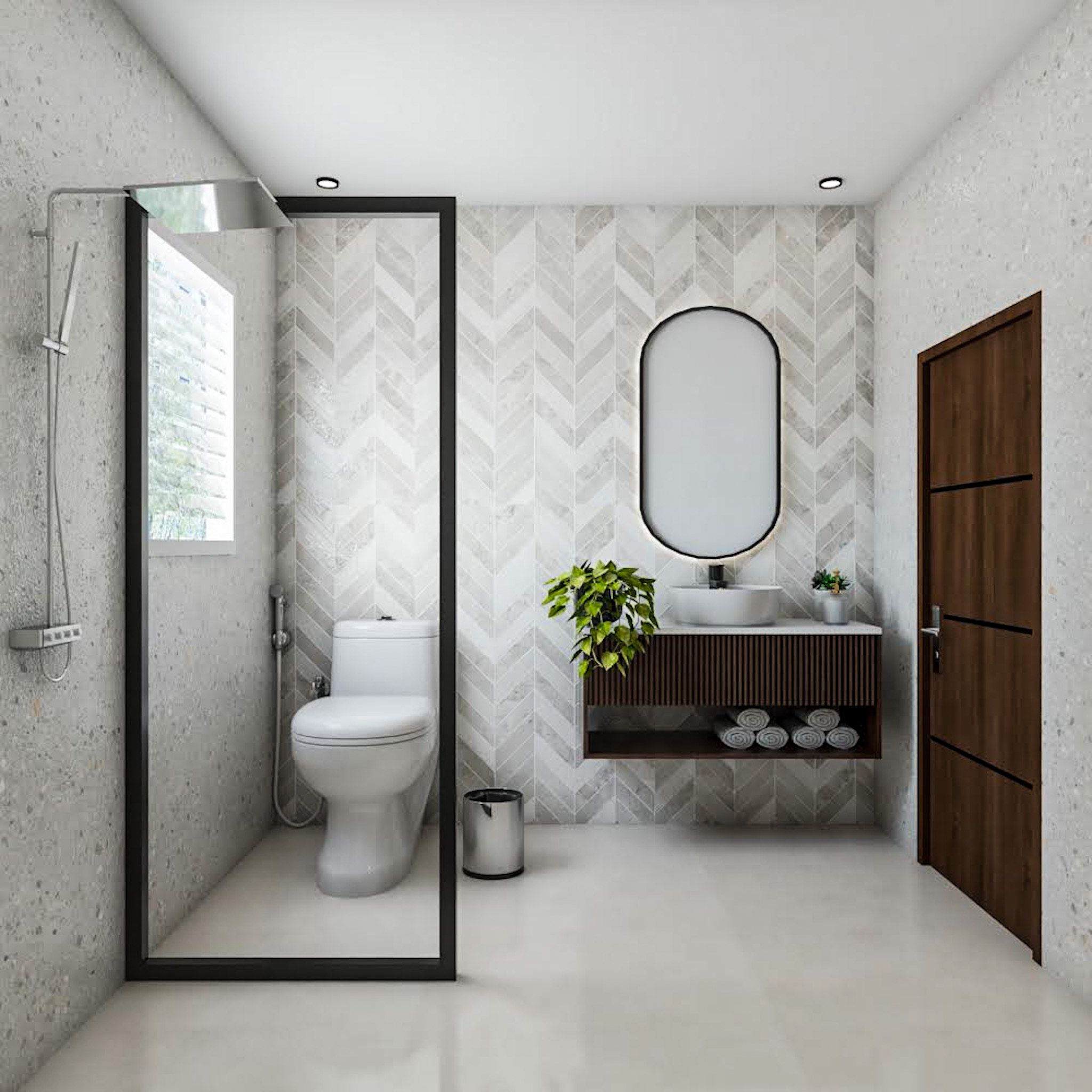 Bathroom Design With White And Grey Herringbone Accent Wall | Livspace