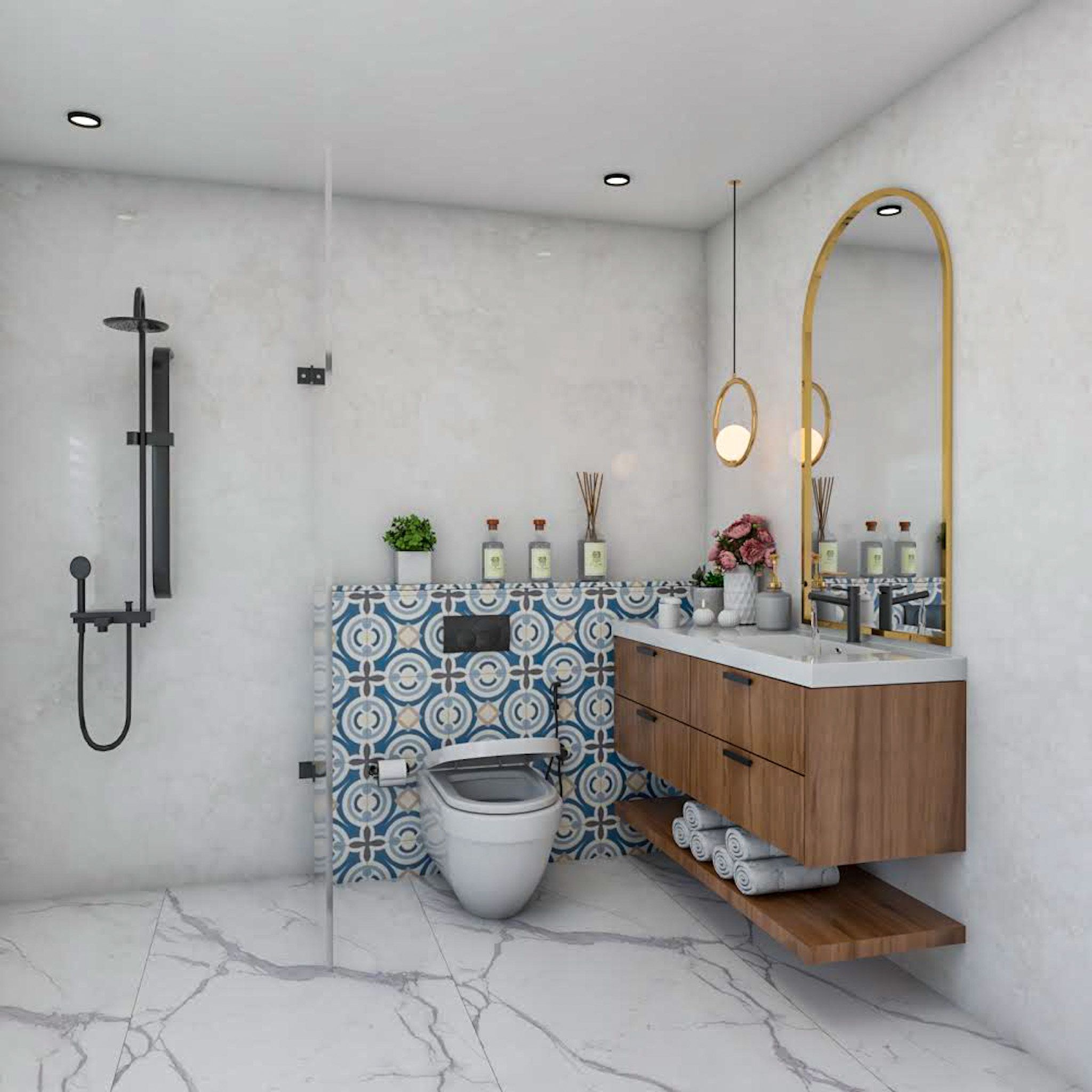 Classic Bathroom Design With A Gold-Framed Mirror