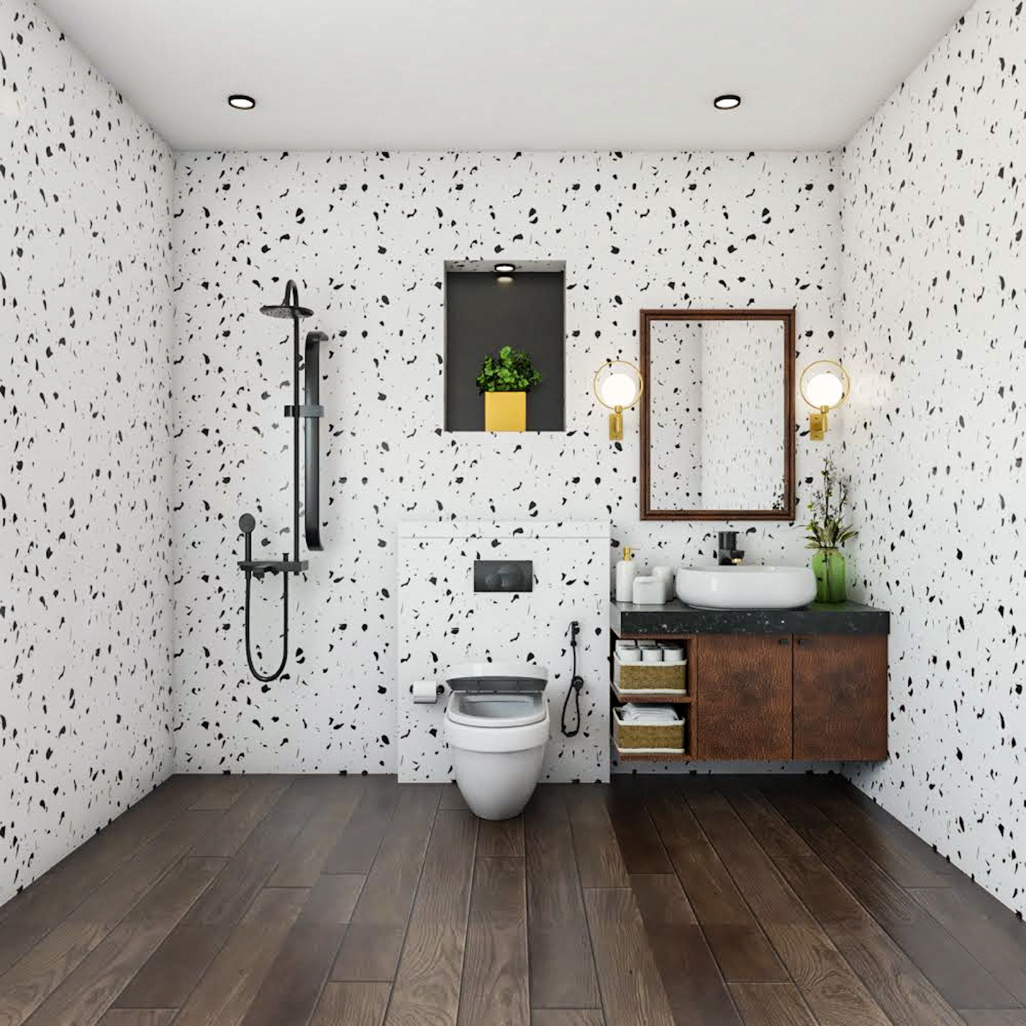 Mid-Century Modern Bathroom Design With Wood Flooring