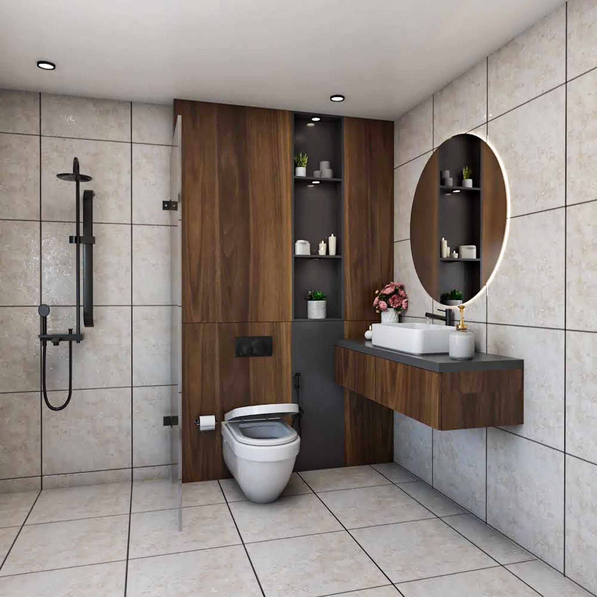 Modern Bathroom Design With A Round Mirror And Profile Lights