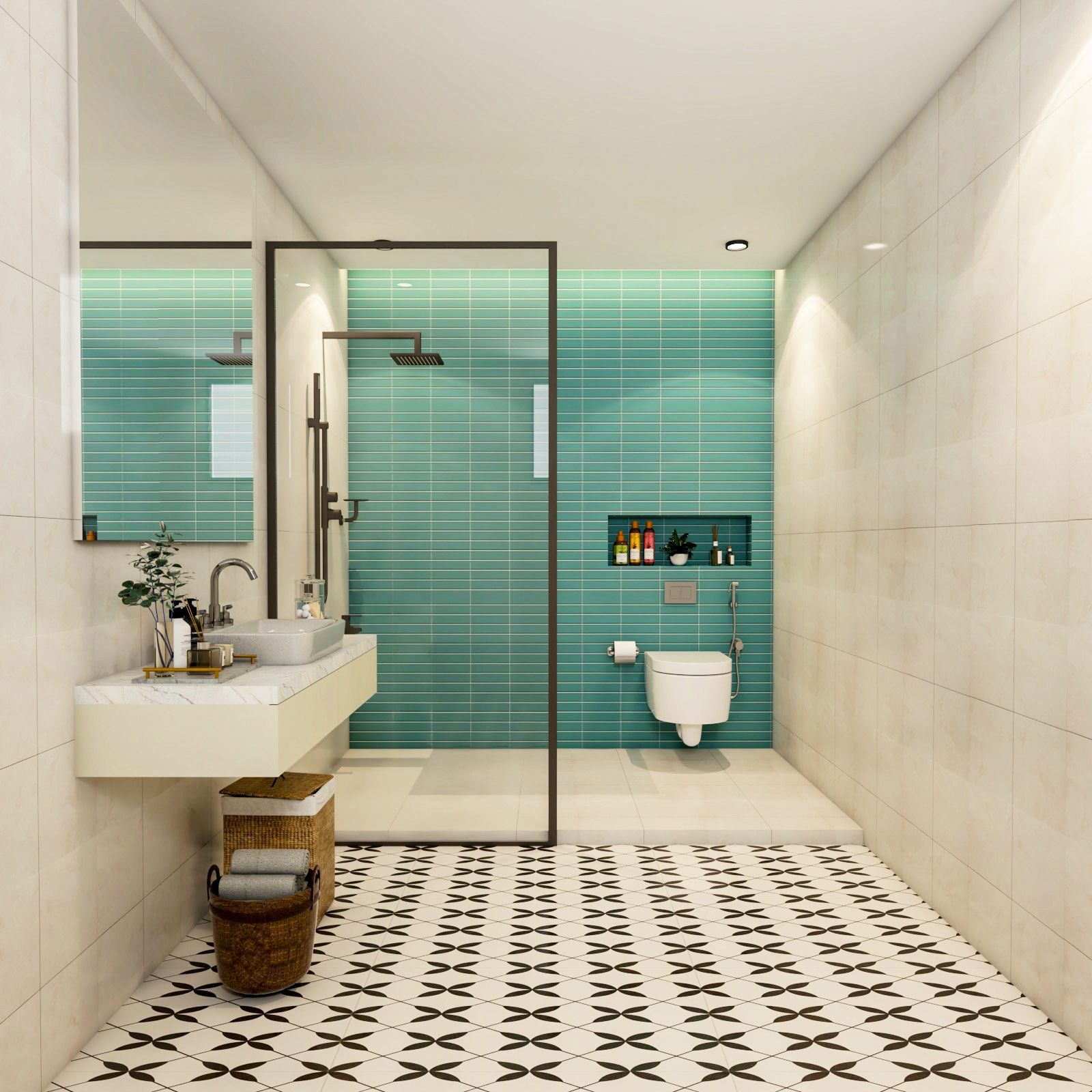 Bathroom Interior Design With Blue Subway Wall Tiles | Livspace