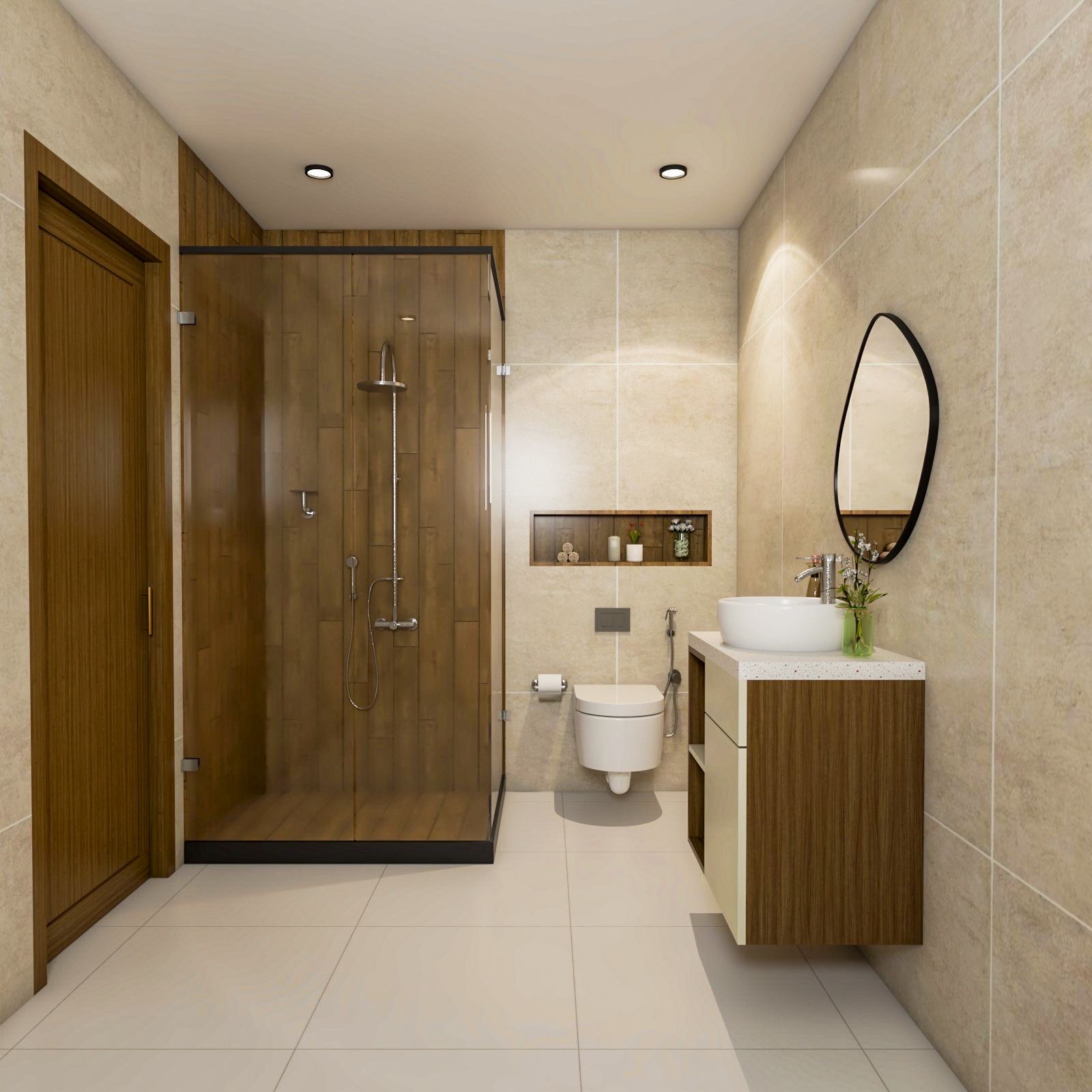 Contemporary Beige Themed Bathroom Design With Round Mirror