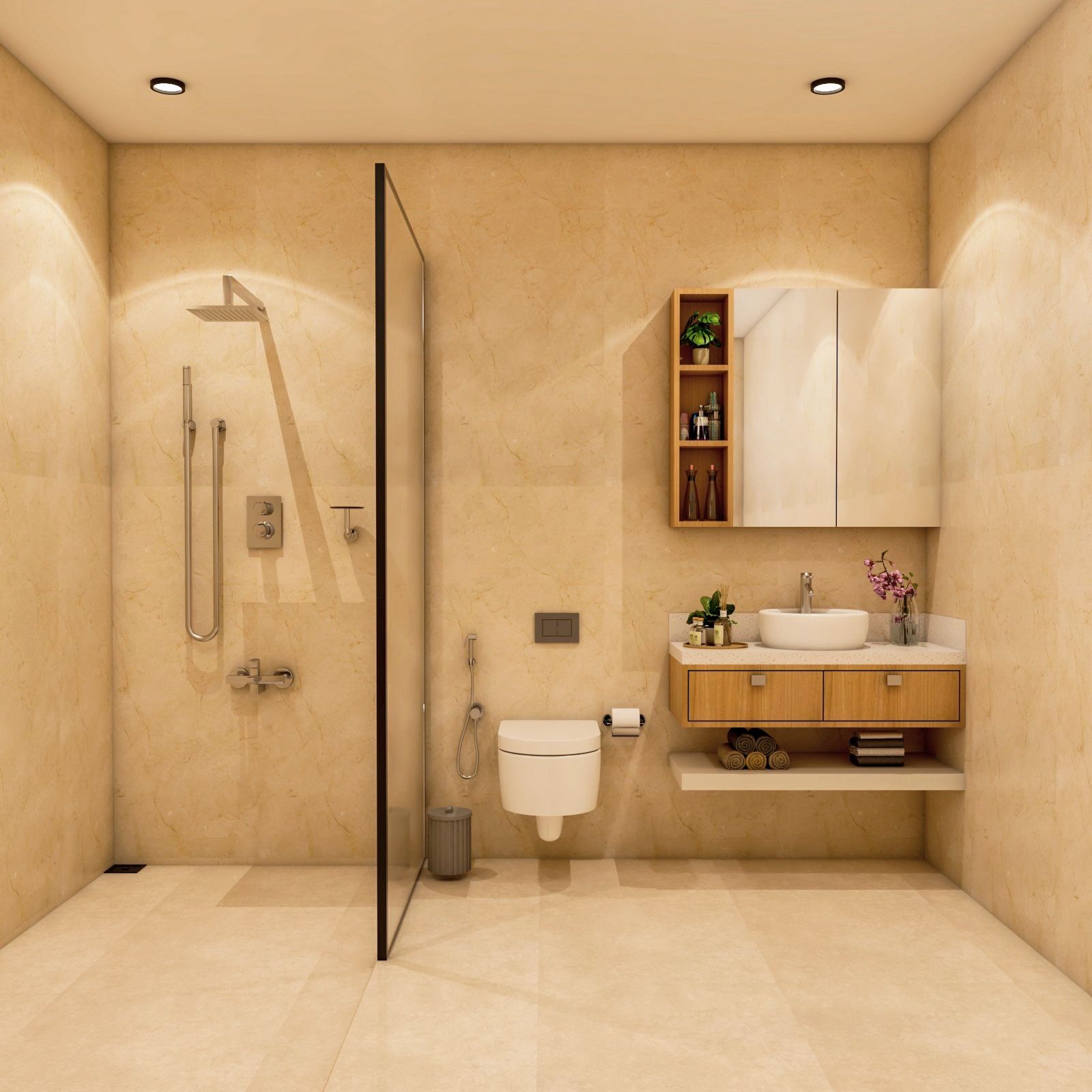 Modern Bathroom Design With Beige Wall And Floor Tiles